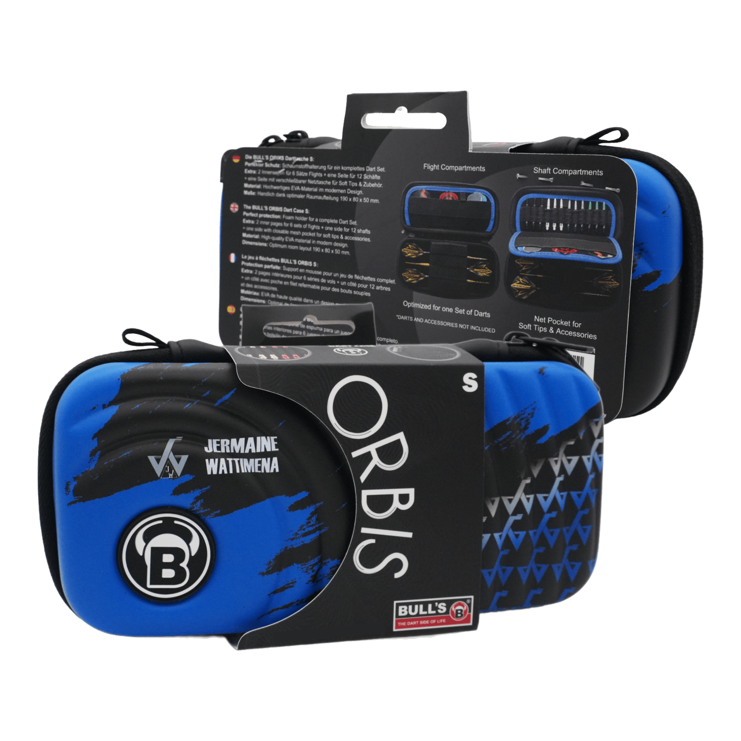 Étui à fléchettes Bulls Orbis S Jermaine Wattimena Das Bild zeigt das Produkt "Bulls Orbis S Jermaine Wattimena Dartcase" in blauer und schwarzer Farbe. Die Darttasche ist kompakt und eignet sich zum sicheren Aufbewahren von Dartzubehör.