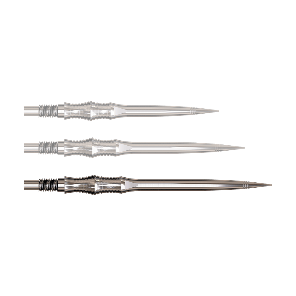Harrows Quick Point Apex Spire Elite Series Dartspitzen - Silber Dartspitzen der Apex Spire Silver Elite Serie in 40mm werden gezeigt. Sie sind silbrig und glänzend.