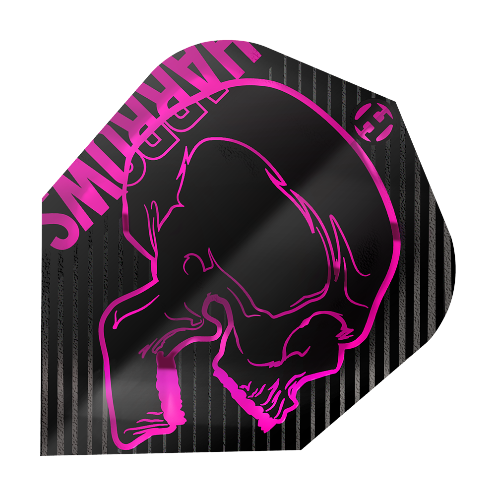 Vols Harrows Rage Rose No6 Das Bild zeigt das Produkt "Harrows Rage Pink No6 Flights". Es ist ein schwarzes Dartflight mit einem pinken Totenkopf und pinken Streifen.