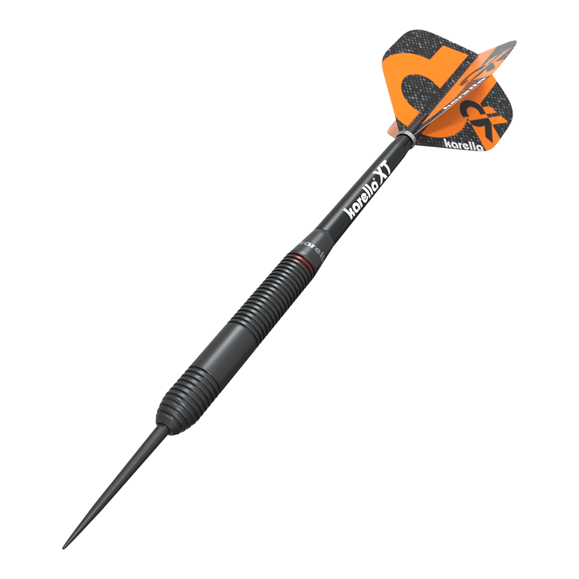 Karella Daniel Klose fléchettes en acier Das Bild zeigt einen Karella Daniel Klose Steeldart. Der Dartpfeil ist schwarz mit orangem Flights und hat ein modernes Design.