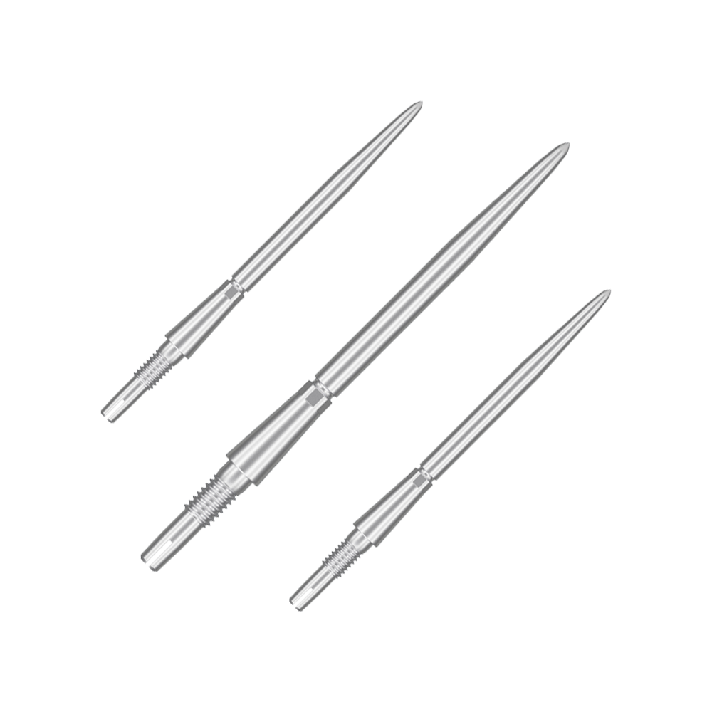 Pointes de fléchettes Target Swiss Storm Point - argent Das Bild zeigt drei silberne Dartspitzen. Sie sind nebeneinander auf weißem Hintergrund angeordnet.