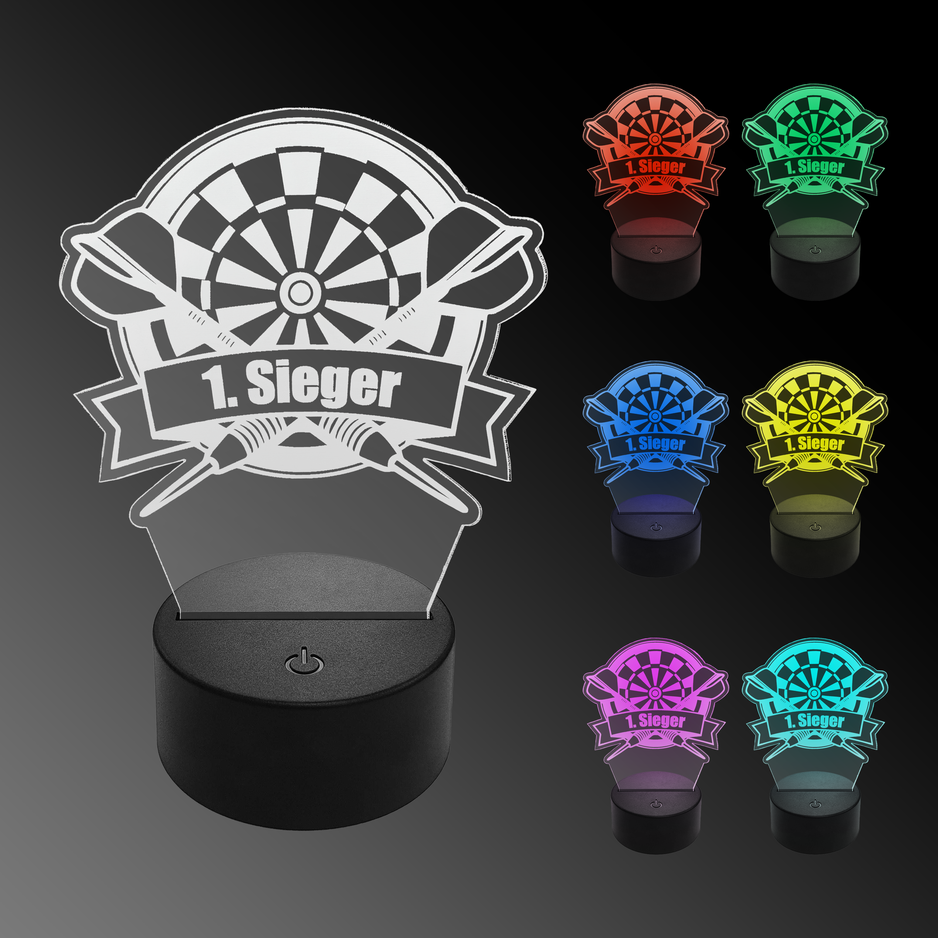 Lampe à fléchettes LED en plexiglas avec texte personnalisé Das Bild zeigt eine LED-Lampe in Form eines Dartboards mit der Aufschrift „1. Sieger“. Rechts sind sechs weitere Lampen in verschiedenen Farben zu sehen.