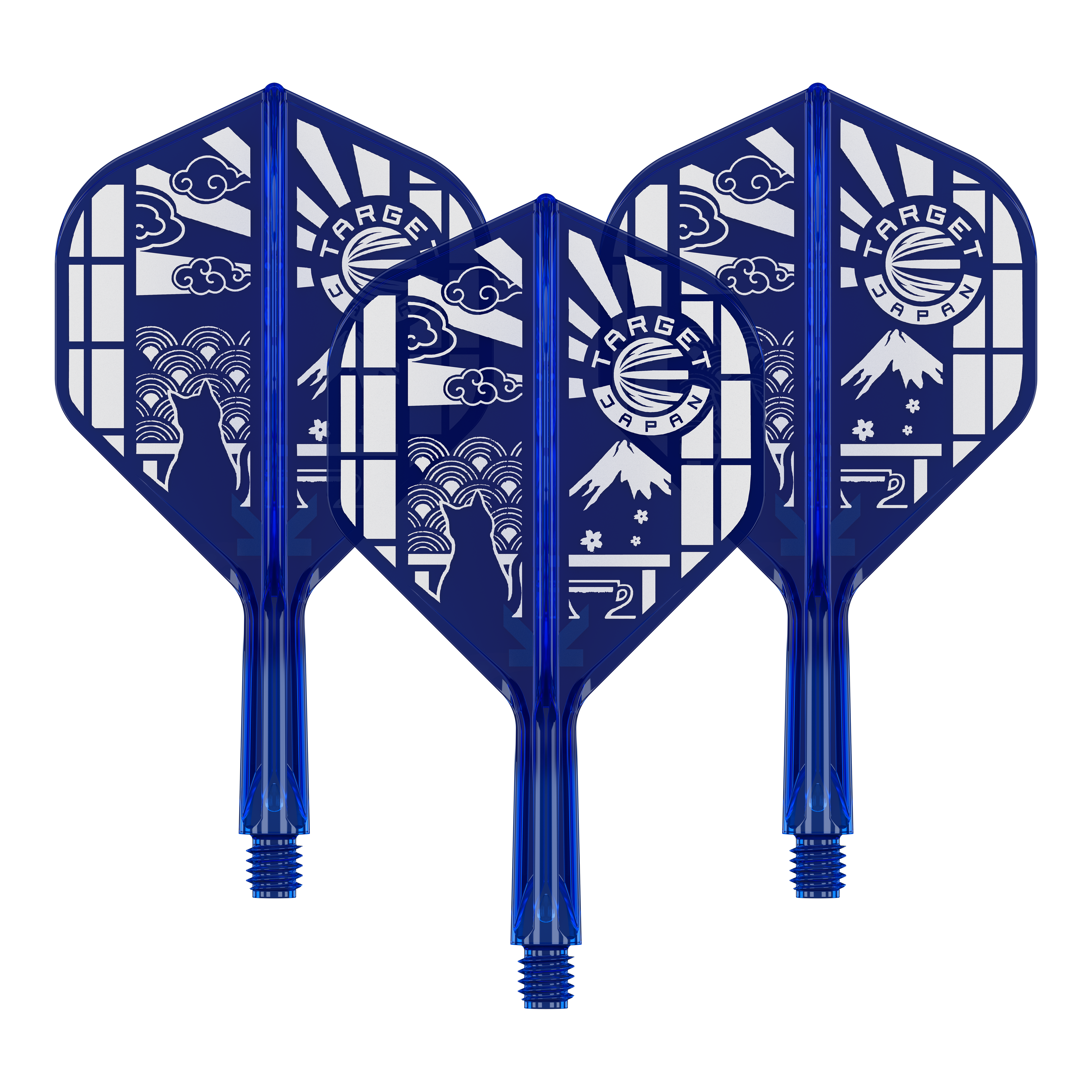Das Bild zeigt '410291 Target Japan K-Flex Blue Limited No2 Flights 19mm 1Set'. Es handelt sich um ein Set limitierter Flights für Darts in Blau.