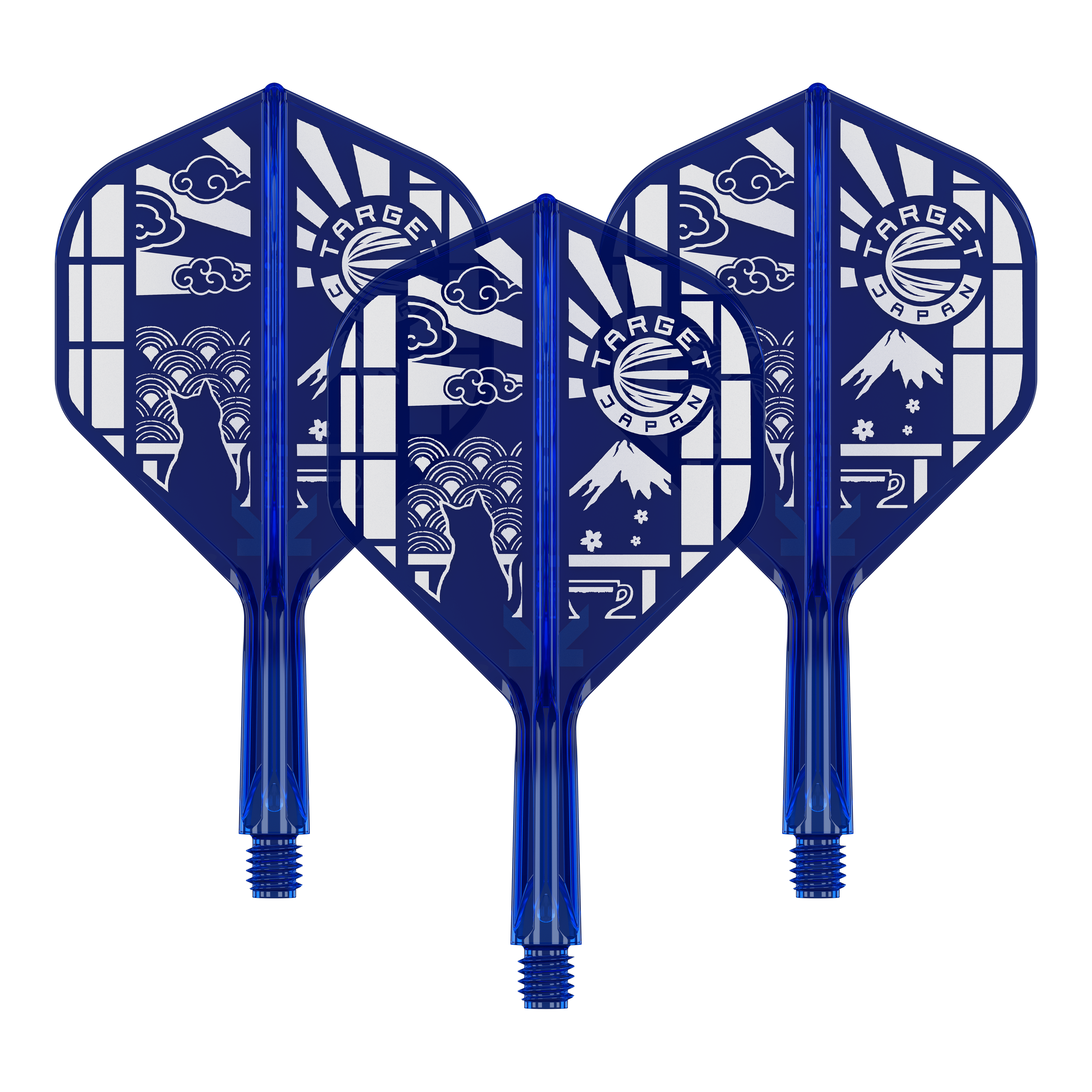 Vols standard Target Japan K-Flex Blue Limited No2 Das Bild zeigt '410291 Target Japan K-Flex Blue Limited No2 Flights 19mm 1Set'. Es handelt sich um ein Set limitierter Flights für Darts in Blau.