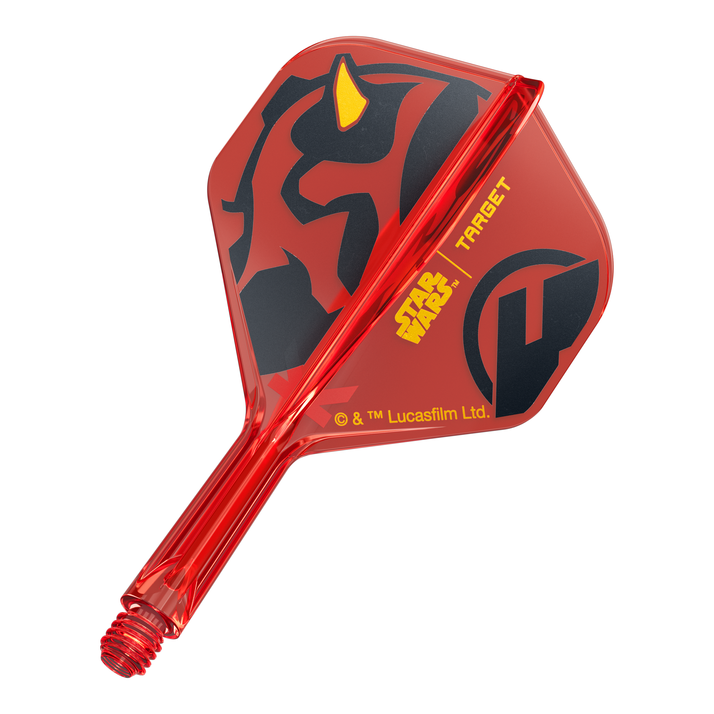 Target Star Wars K-Flex Darth Maul No2 Ailettes standard Das Bild zeigt den Artikel 410523_Target_StarWars_KFlex_DarthMaul_No2_Standard_Flights_Short_19mm_1. Es handelt sich vermutlich um kurze Dart-Flights mit Star Wars Darth Maul Design.