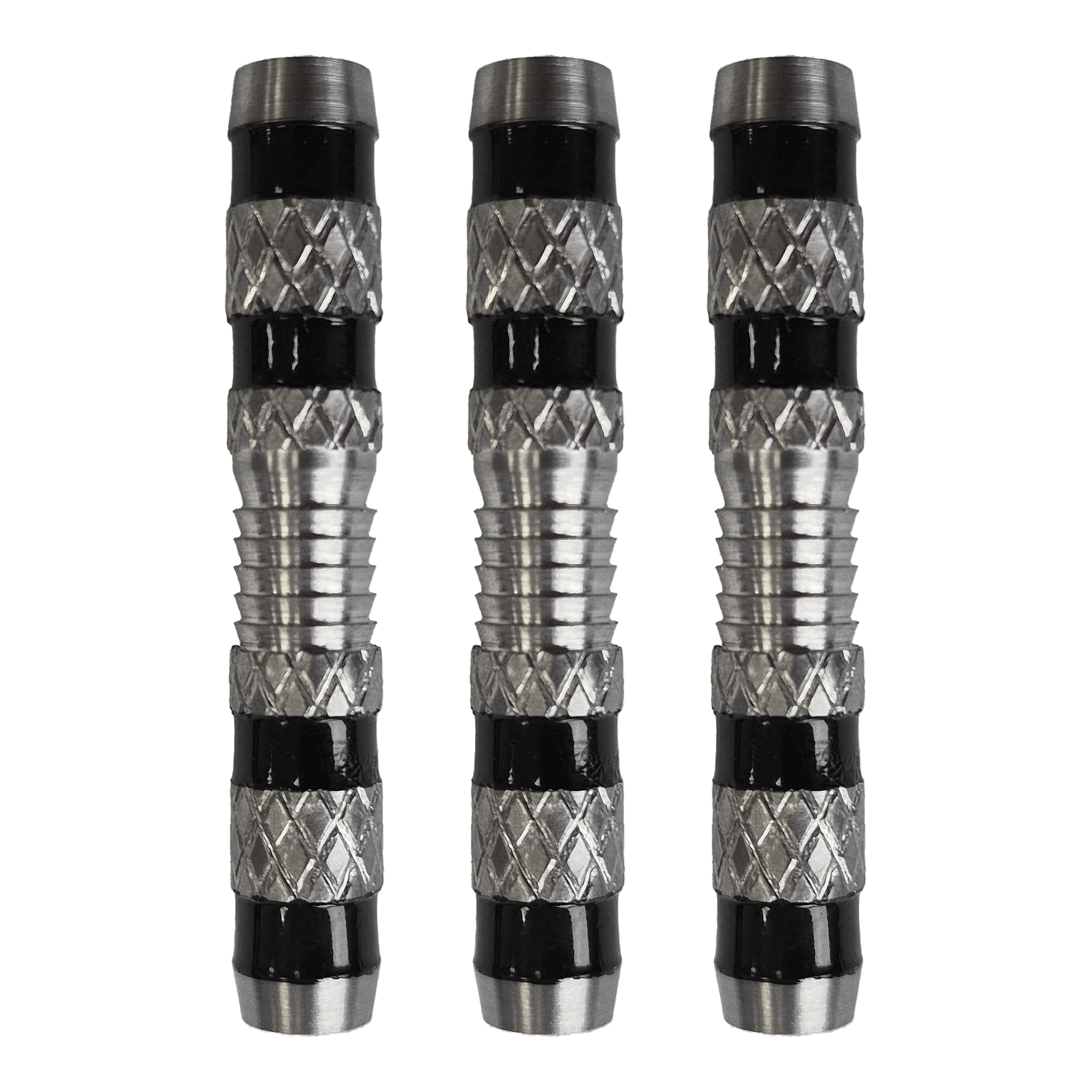 Corps de fléchettes souples à poignée moletée McDart - 18 g Das Bild zeigt drei silberne Softdart-Barrels mit einem geriffelten Griff und schwarzen Rillen. Es handelt sich um das Produkt „McDart Knurled Grip Softdart-Barrels - 18g“.