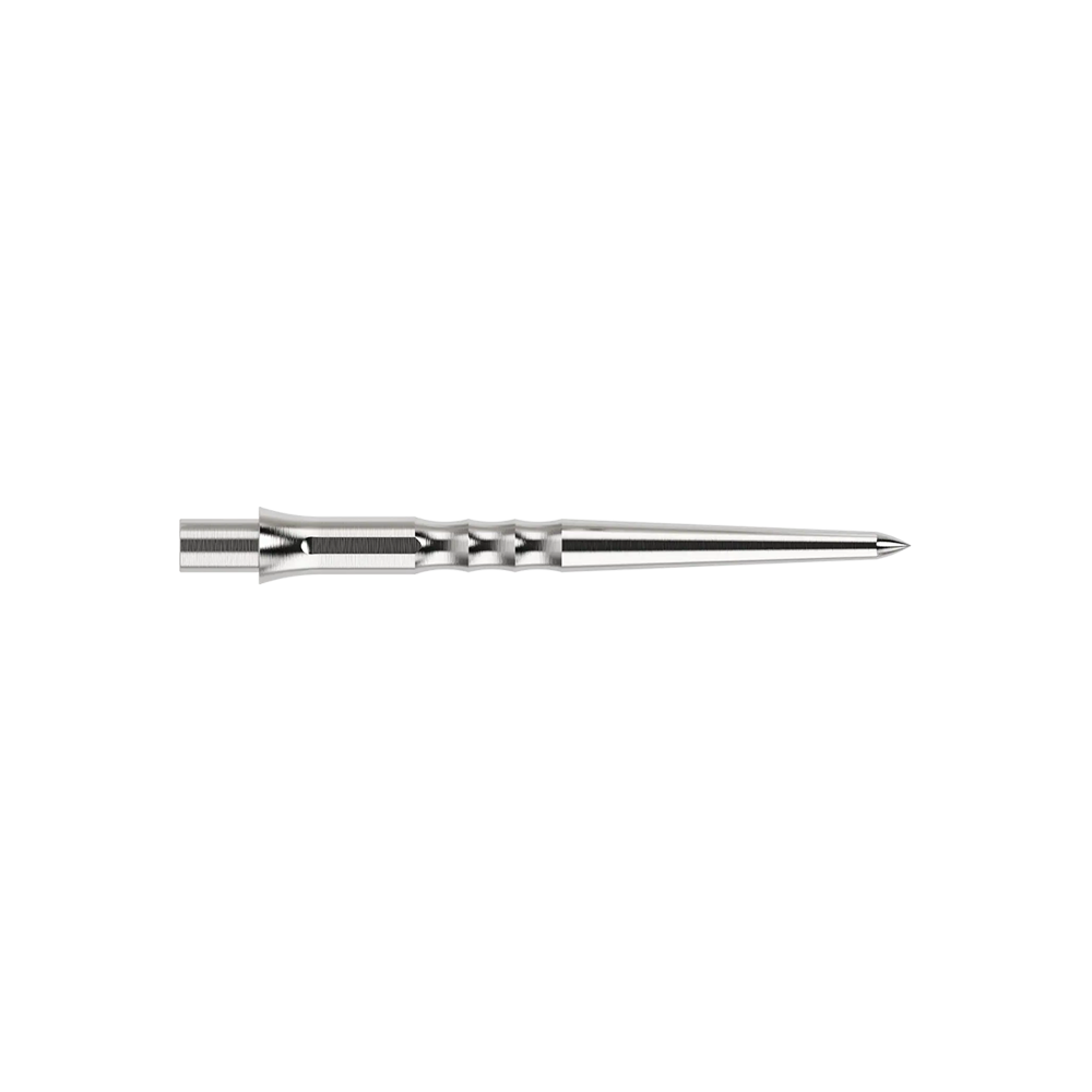 Pointes de fléchettes en acier Caliburn System - Ripple - NoLip - argent Das Bild zeigt eine silberne Caliburn Evo System Steeldartspitze Ripple NoLip, 28 mm lang. Die Spitze ist einzeln abgebildet.