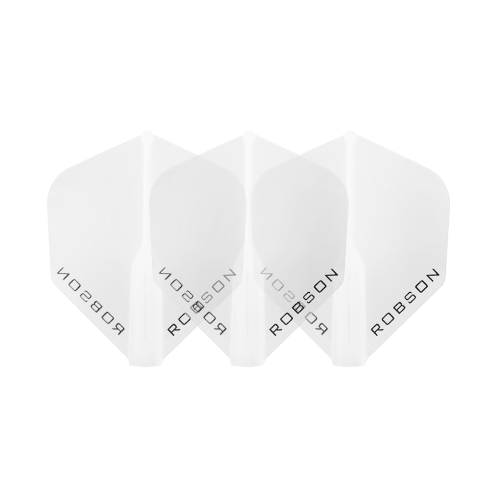 Vols Robson Plus - Standard Das Bild zeigt drei klare Dart-Flights der Marke Robson. Die Flights sind nebeneinander angeordnet und tragen den Schriftzug "ROBSON".