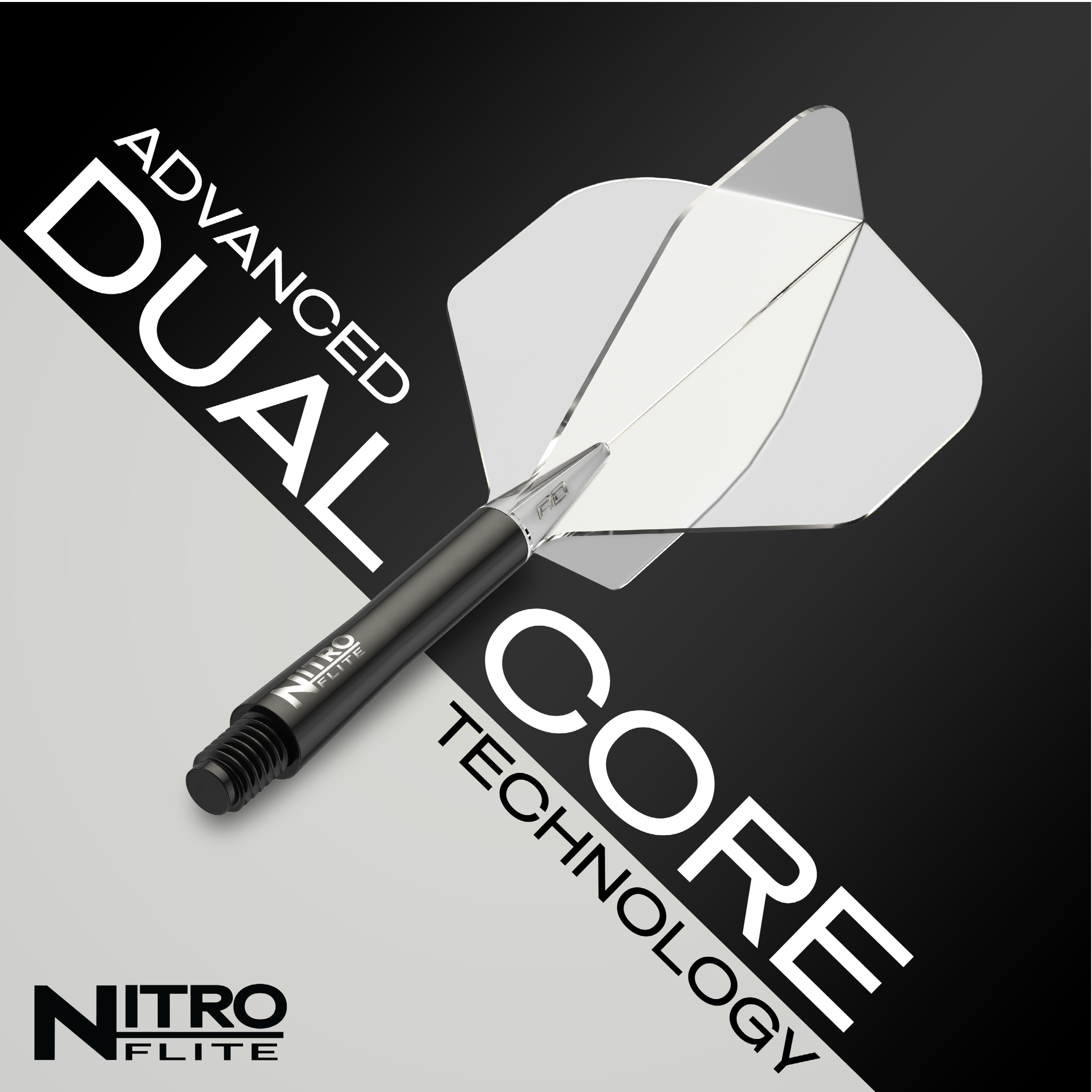 Ailettes Red Dragon Nitroflite - Tige noire transparente n°2 Das Bild zeigt das Produkt "Red Dragon Nitroflite - Black Shaft Clear No2 Flights". Es hebt die fortschrittliche Dual-Core-Technologie hervor.