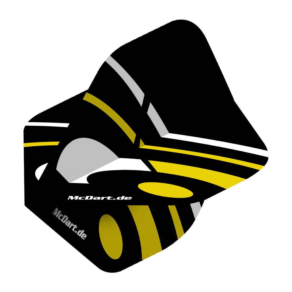 Vols standard McDart ID - Jaune Das Bild zeigt einen McDart ID Standard Flight in Gelb mit schwarzen, gelben und grauen Designelementen. Auf dem Flight steht der Schriftzug "McDart.de".