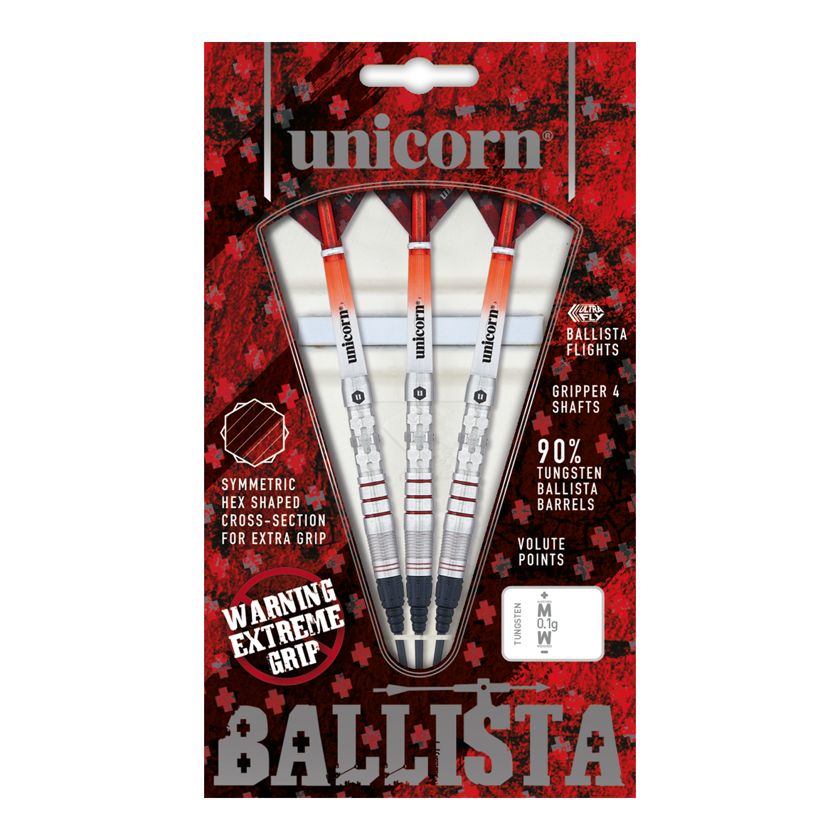 Fléchettes souples Unicorn Ballista Style 3 Das Bild zeigt eine Packung "Unicorn Ballista Style 3 Softdarts" mit drei Dartpfeilen. Die Verpackung hebt das symmetrische Hex-Muster für zusätzlichen Grip und 90% Tungsten-Barrels hervor.