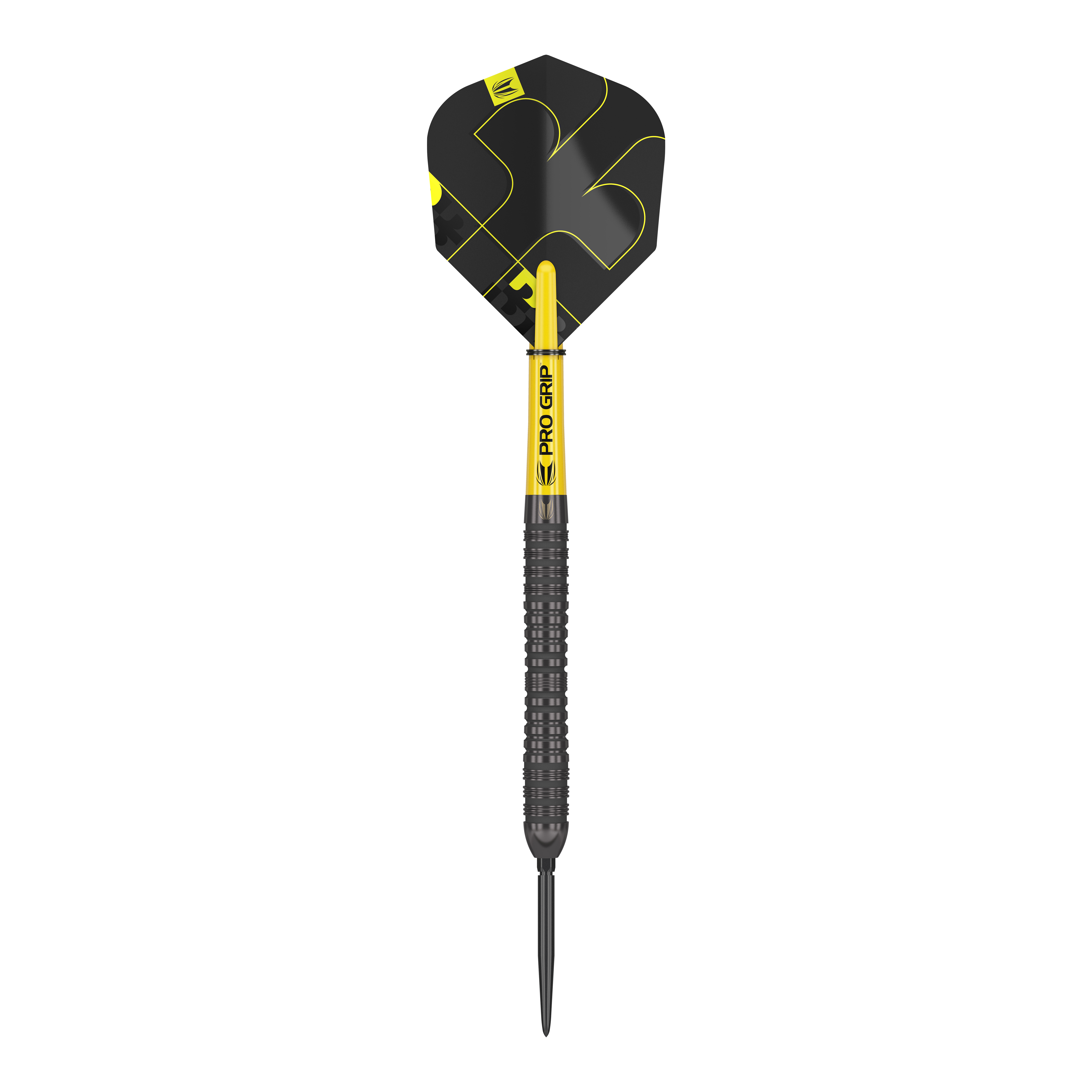 Fléchettes en acier Target Bolide Void 04 Swiss Point Auf dem Bild ist ein Target Bolide Void 04 Swiss Point Steeldart zu sehen. Der Dart ist schwarz mit gelben Akzenten gestaltet und hat eine gezackte Griffstruktur.