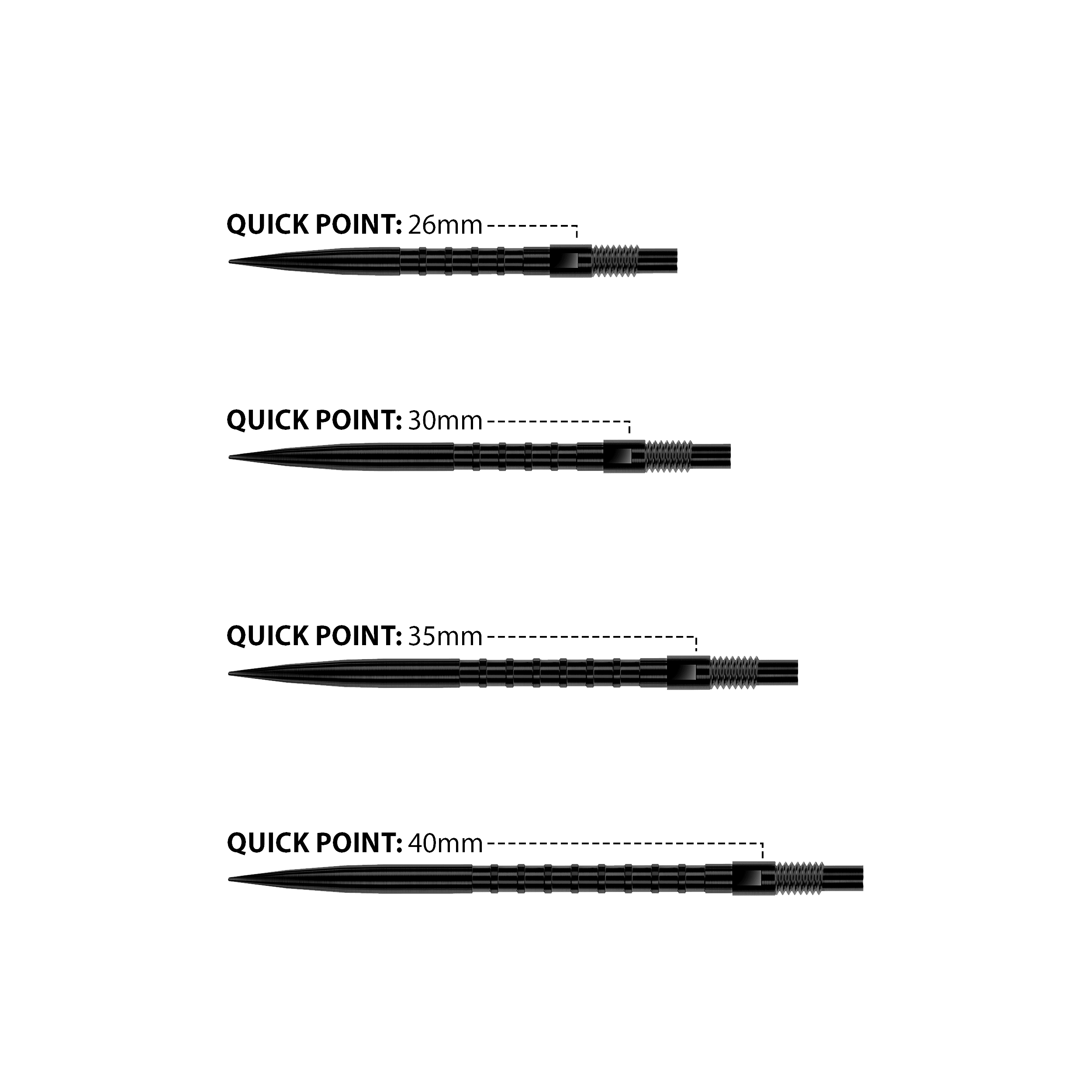Pointes de fléchettes Harrows Quick Point Heavy Metal - Noires Das Bild zeigt Harrows Quick Point Heavy Metal Dartspitzen in Schwarz. Sie sind robust und für präzise Würfe geeignet.