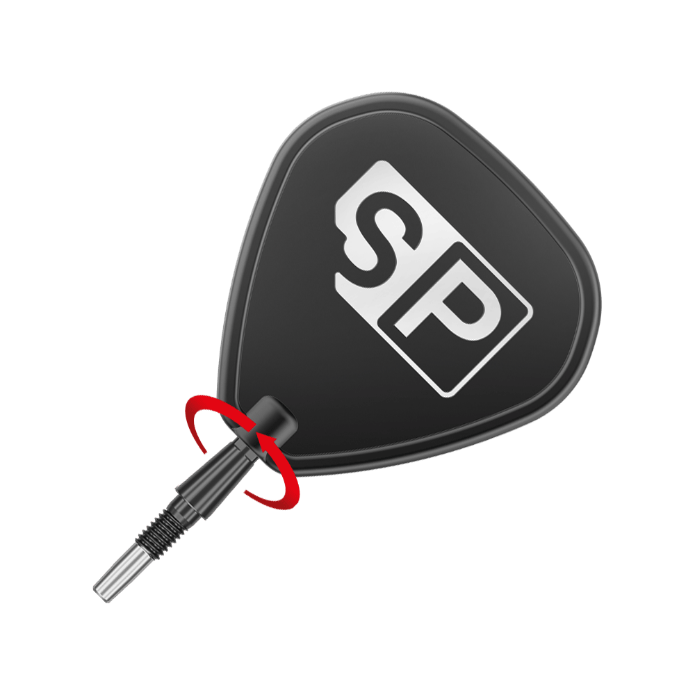 Pointes de fléchettes en acier Target Swiss Point Storm Surge - Noires Das Bild zeigt eine schwarze Steeldartspitze mit dem weißen Aufdruck "SP". Eine rote Pfeilmarkierung deutet darauf hin, dass die Spitze gedreht oder geschraubt werden kann.