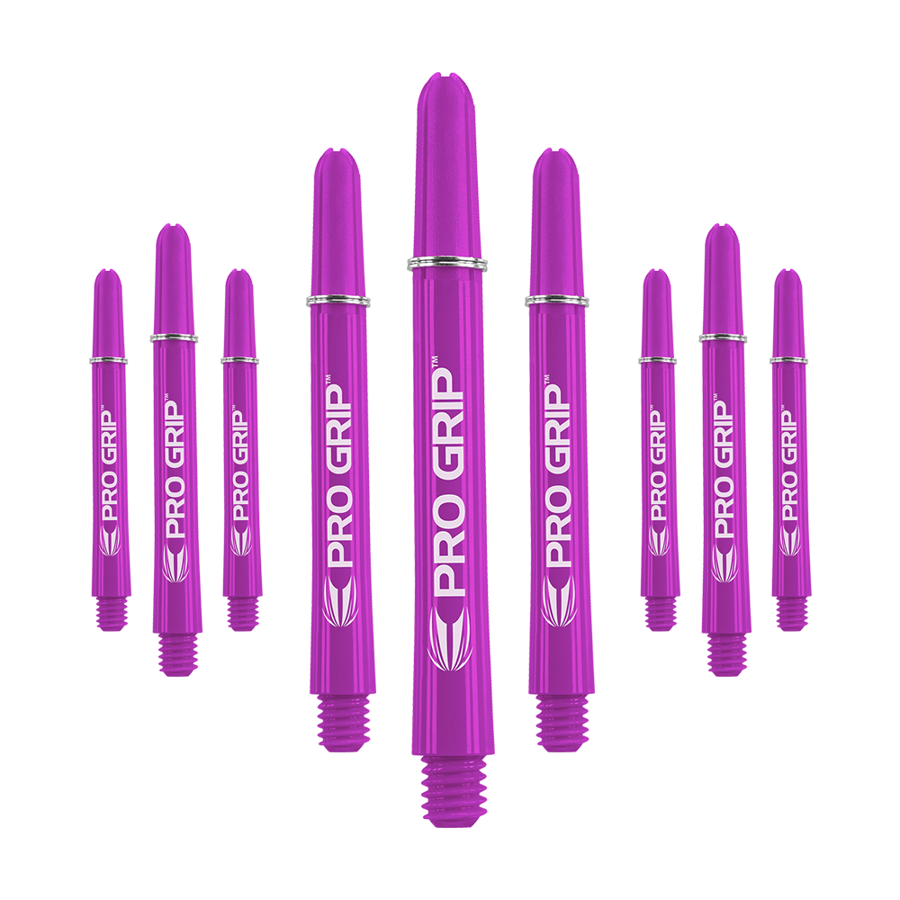 Tiges Target Pro Grip - 3 jeux - Violet Das Bild zeigt neun lila Dartschäfte der Marke "Pro Grip". Sie sind in drei Gruppen angeordnet, jeweils drei in der Mitte, links und rechts.