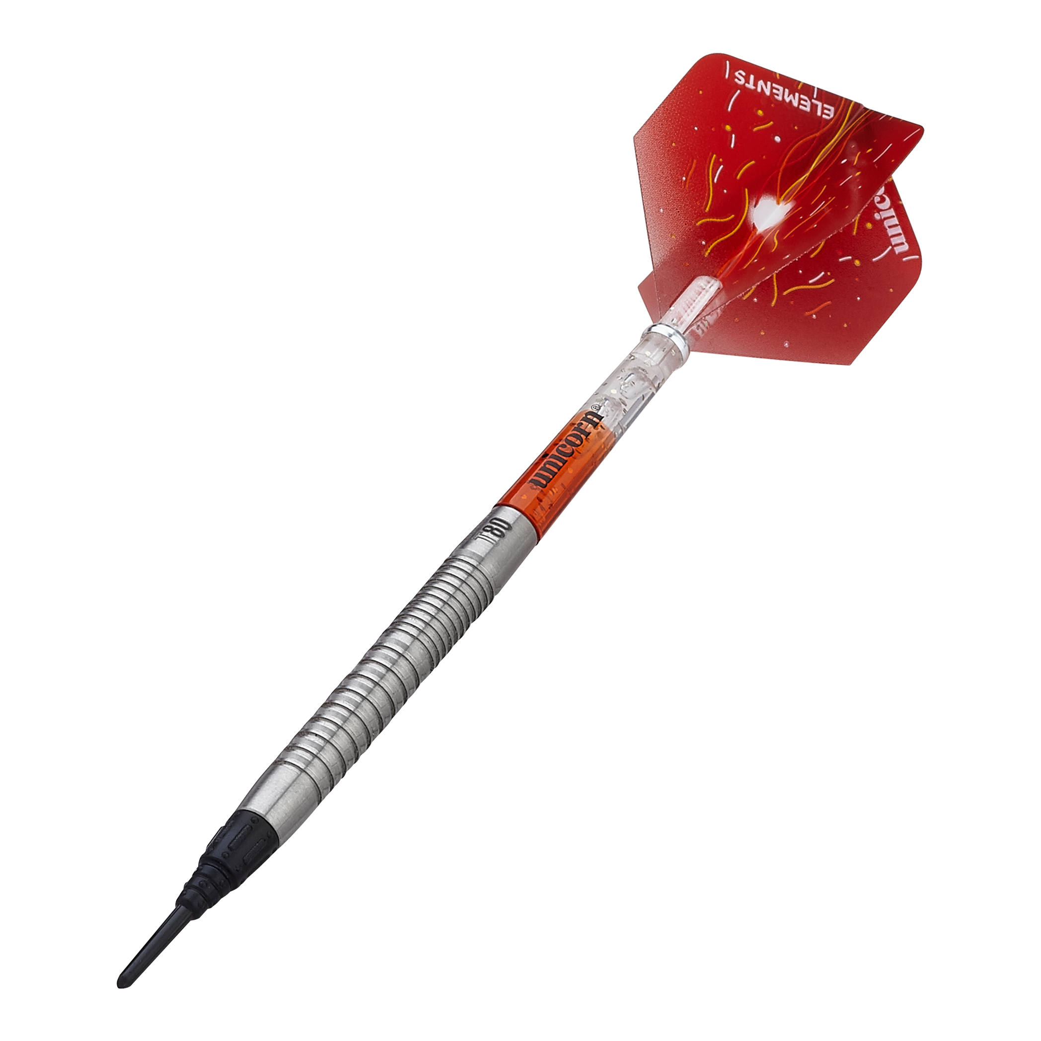 Das Bild zeigt einen Unicorn Core XL Striker Style 1 Softdart mit 19g Gewicht. Der Dart hat eine silberne, geriffelte Spitze und rote Flights mit einem auffälligen Design.