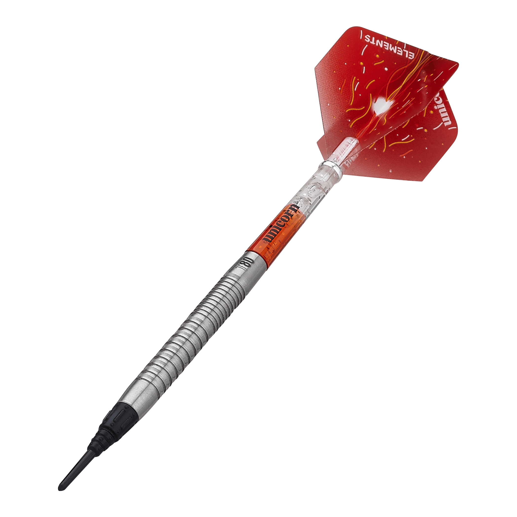 Fléchettes souples Unicorn Core XL Striker Style 1 - 19 g Das Bild zeigt einen Unicorn Core XL Striker Style 1 Softdart mit 19g Gewicht. Der Dart hat eine silberne, geriffelte Spitze und rote Flights mit einem auffälligen Design.