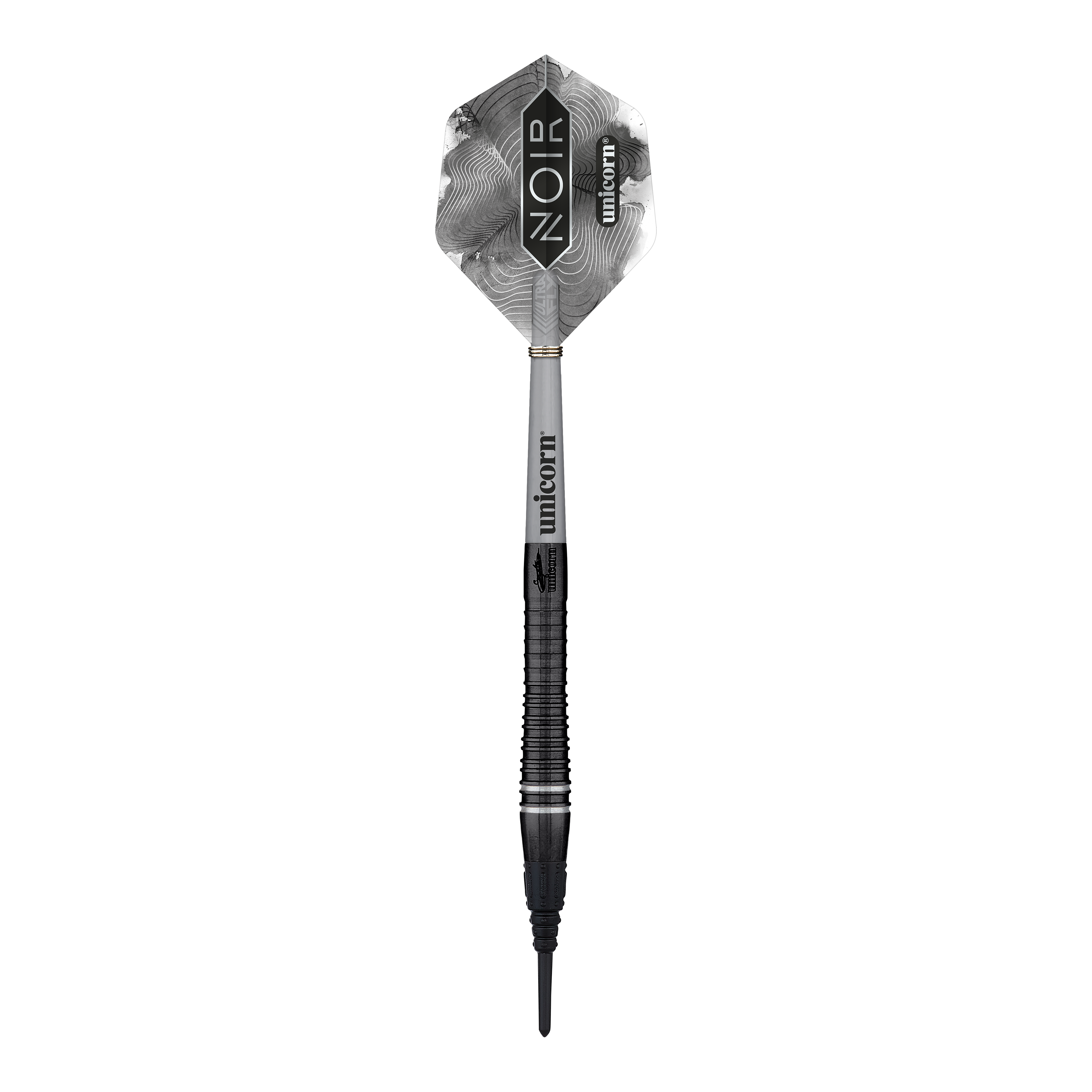 Champion du monde Unicorn Gary Anderson Noir Phase 6 Soft Darts Das Bild zeigt einen Softdart aus der Produktreihe "Unicorn World Champion Gary Anderson Noir Phase 6". Der Dart hat ein schwarzes, elegantes Design mit der Aufschrift "Noir" und "Unicorn" auf dem Flight.