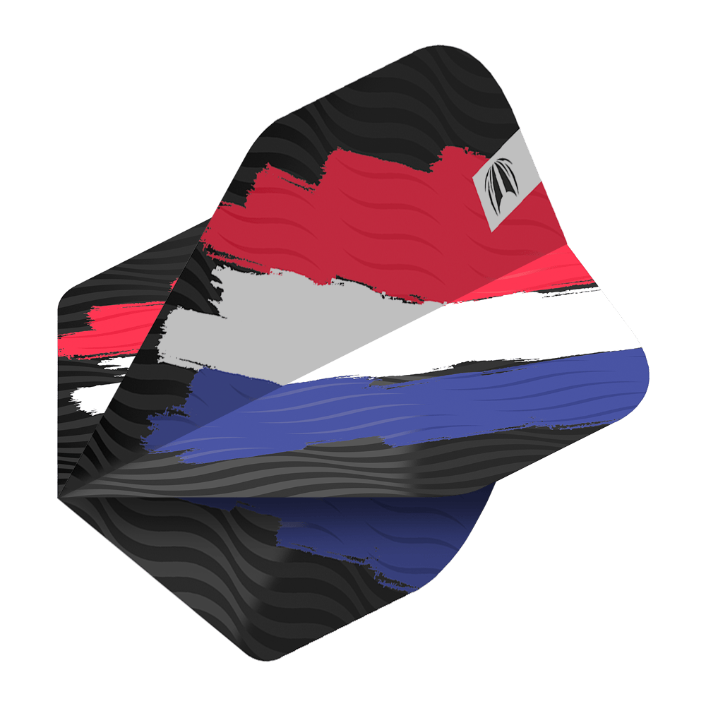 Das Bild zeigt das Produkt „Target ProUltra Flag Holland No2 Standard Flights“. Die Dart-Flights sind in den Farben der niederländischen Flagge gestaltet: Rot, Weiß und Blau.