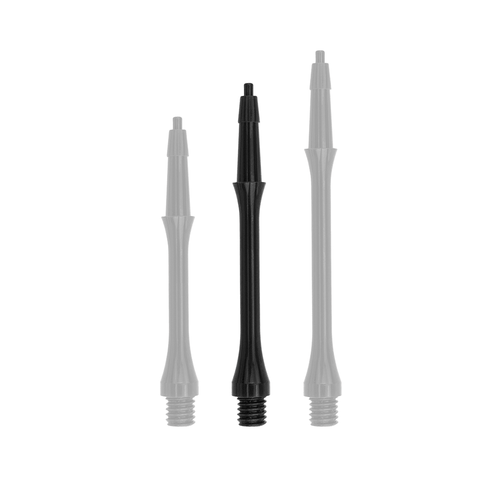 HRC-12596_Harrows_Clic_Slim_Shafts_Black_30mm_1 Das Bild zeigt drei schwarze Harrows Clic Slim Shafts in verschiedenen Längen. Sie werden als Ersatzteile für Dartpfeile verwendet.
