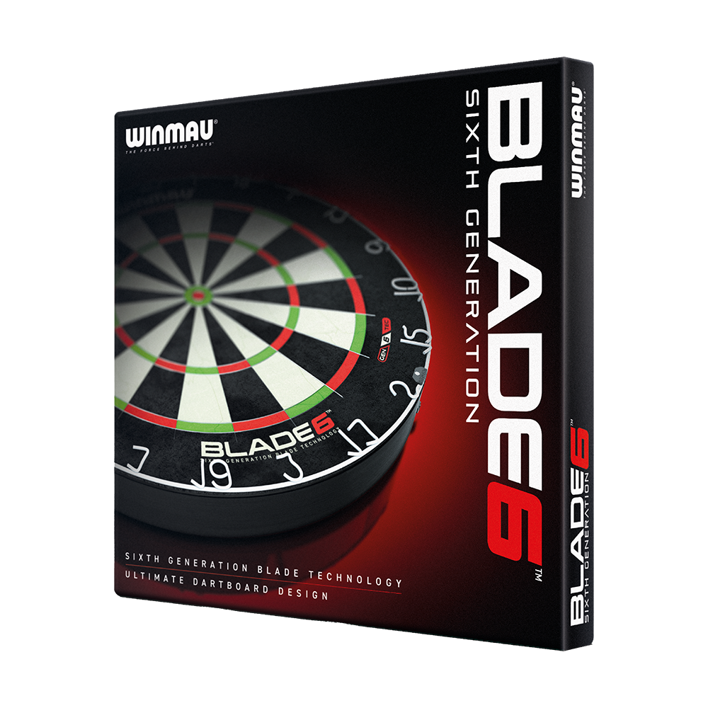 3033_Winmau_Blade_6_Steeldartboard_5 Dies ist die Verpackung des Winmau Blade 6 Steeldartboards. Auf der Vorderseite sieht man ein Bild des Dartboards und den Hinweis auf die sechste Generation der Blade-Technologie.