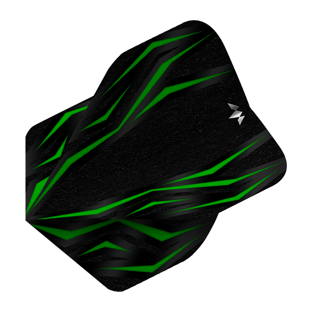 Vols standard Mission Lava Green n°2 Das Bild zeigt das Produkt „Mission Lava Green No2 Standard Flights“. Es ist ein schwarzes Dart-Flight mit grünen, lavamusterartigen Linien.