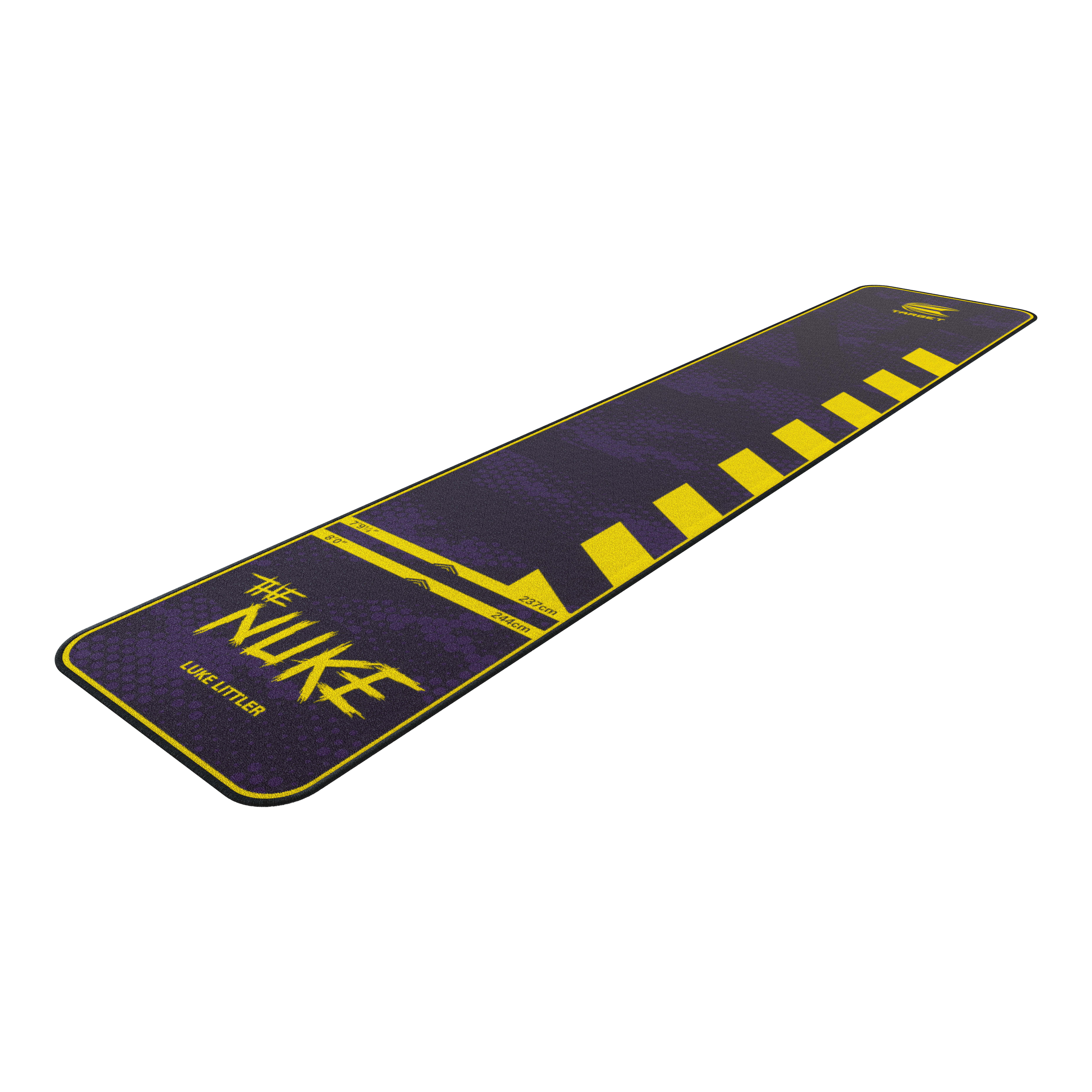 Target Luke Littler Le tapis de fléchettes Nuke Auf dem Bild ist der "Target Luke Littler The Nuke Dartteppich" zu sehen. Der Teppich ist überwiegend lila mit gelben Akzenten und Markierungen gestaltet.
