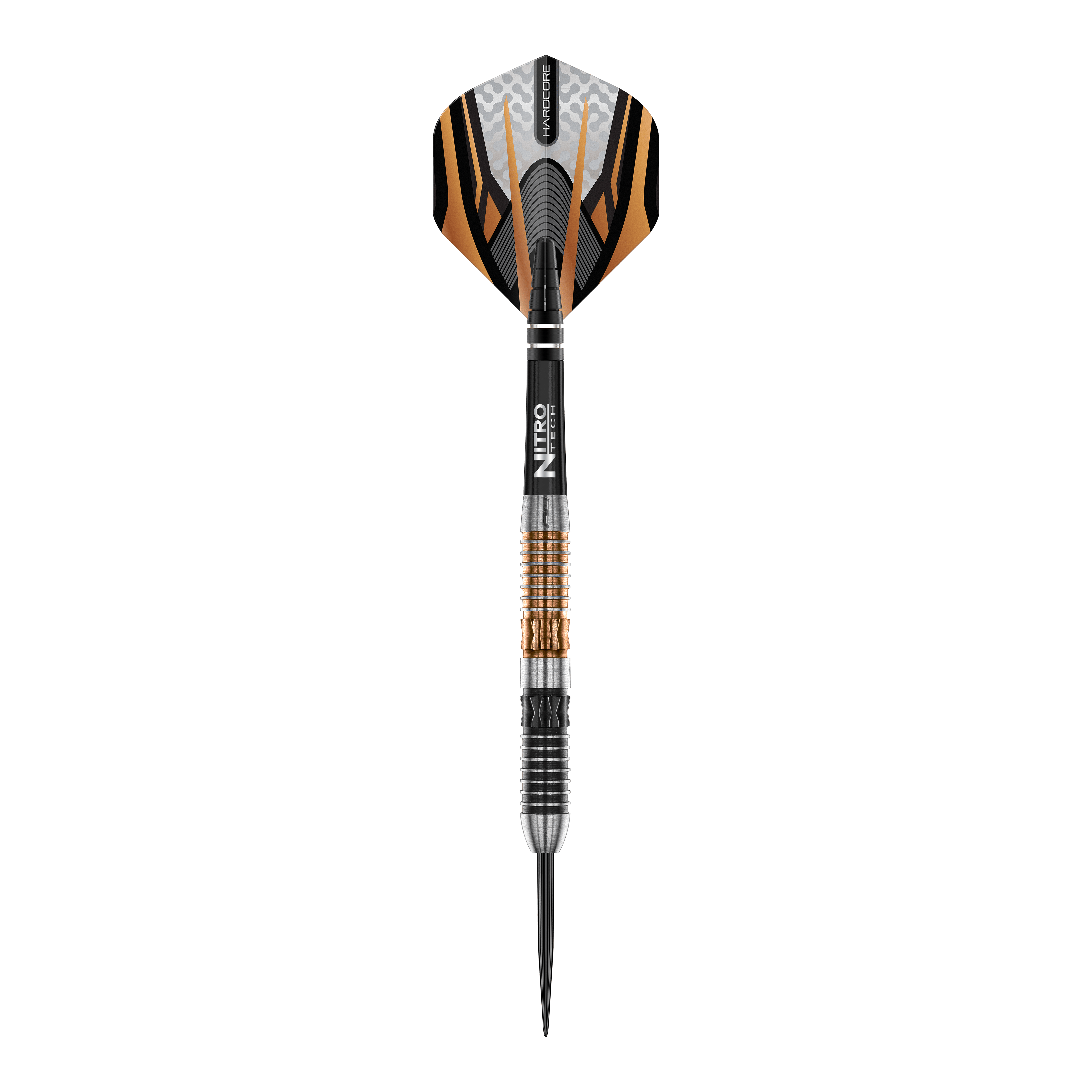 Fléchettes en acier Red Dragon Panterra Das Bild zeigt einen Red Dragon Panterra Steeldart mit auffälligem orange-schwarzem Design. Der Dart verfügt über eine strukturierte Griffzone und eine scharfe Metallspitze.