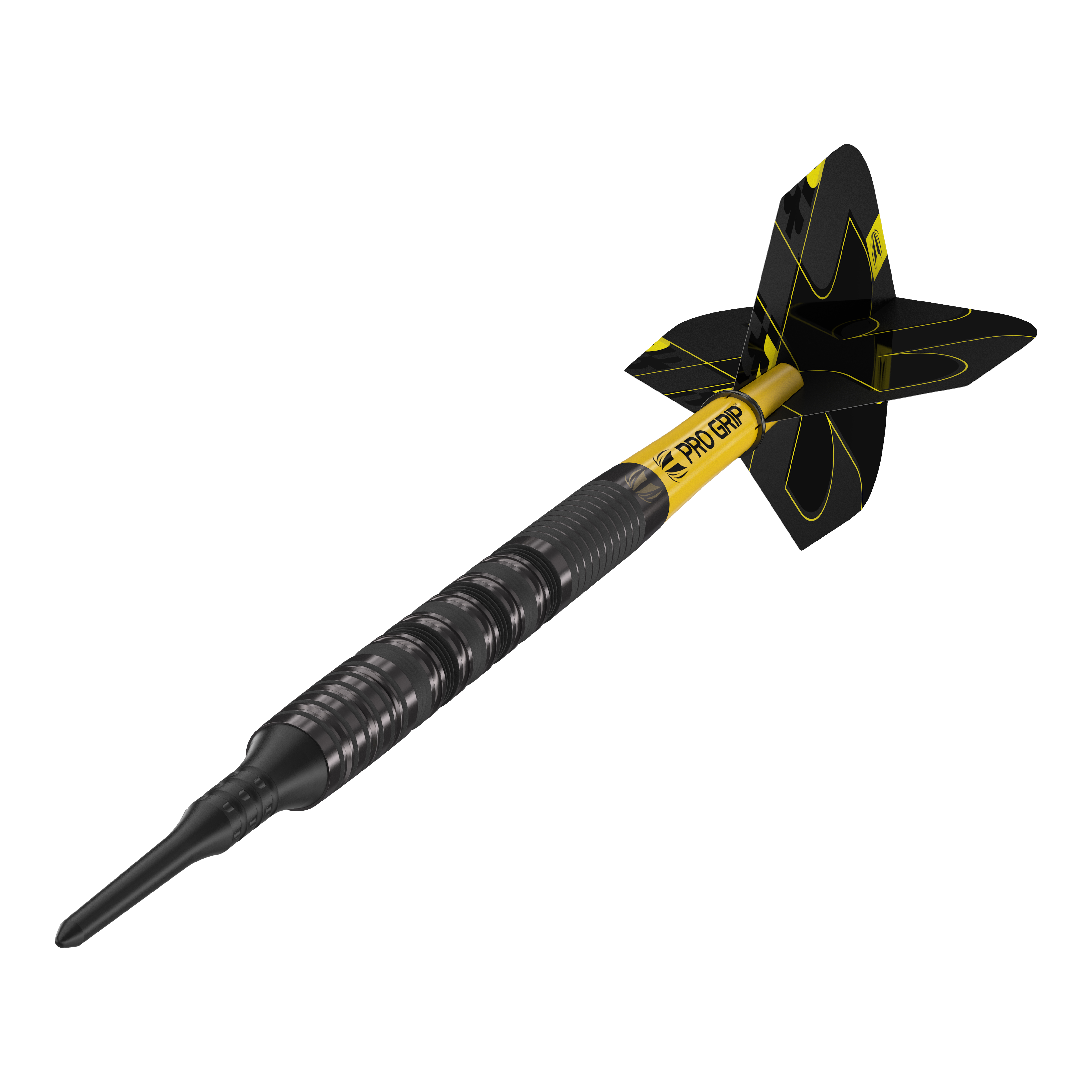 Target Bolide Void 10 fléchettes souples Das Bild zeigt einen Target Bolide Void 10 Softdart. Der Softdart ist schwarz mit gelben Akzenten und hat eine strukturierte Griffzone.