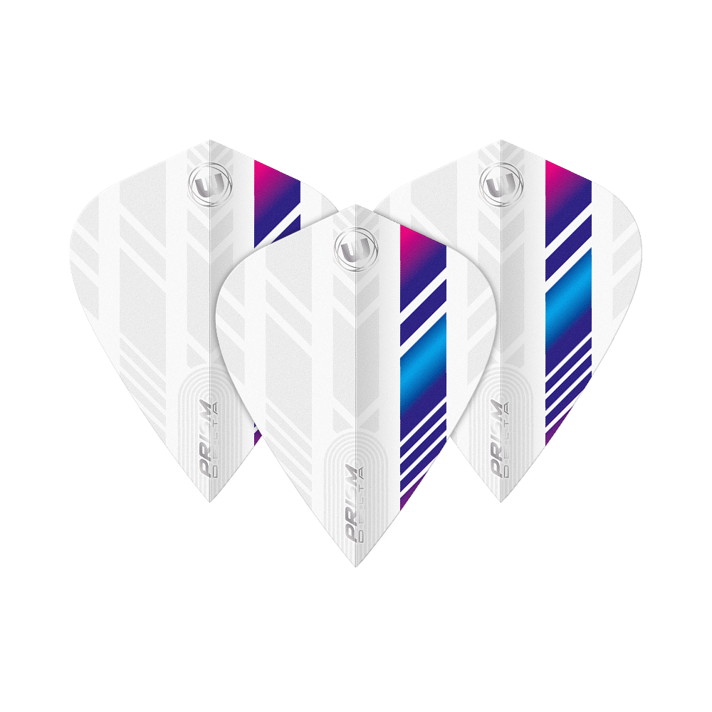 Vols de cerf-volant Winmau Delta blanc bleu violet Das Bild zeigt drei Winmau Delta White Blue Purple Kite Flights. Die Flights sind überwiegend weiß mit blauen, lila und pinken Streifen.