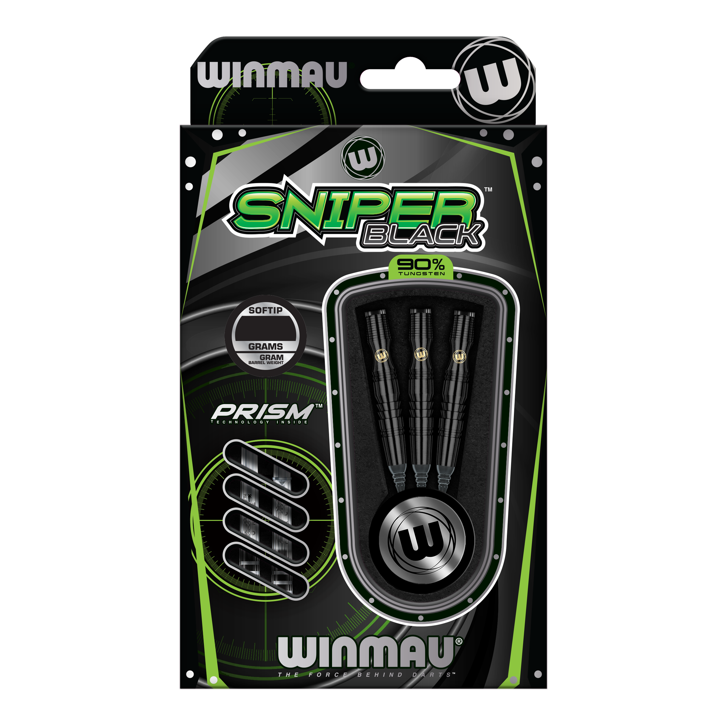 Fléchettes souples Winmau Sniper Black - 20 g Die Abbildung zeigt die Winmau Sniper Black Softdarts mit einem Gewicht von 20g. Die Verpackung enthält drei schwarze Softdarts aus 90% Tungsten.