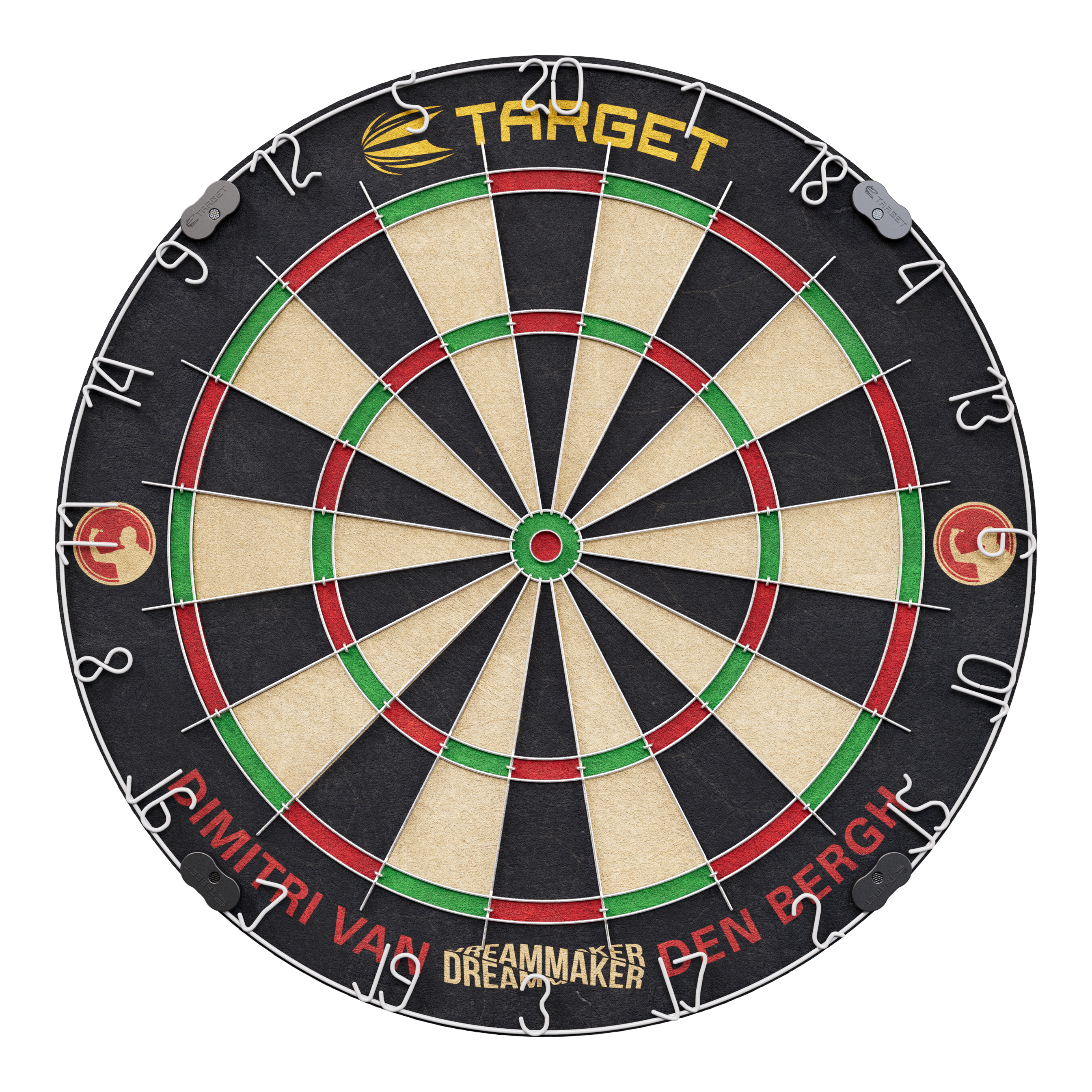 Jeu de fléchettes en acier Target Dimitri Van Den Bergh Das Bild zeigt eine Steeldartscheibe mit dem Namen "Target Dimitri Van Den Bergh Steeldartboard Set". Am unteren Rand steht der Schriftzug "Dimitri Van Den Bergh" und in der Mitte unten "Dreammaker".