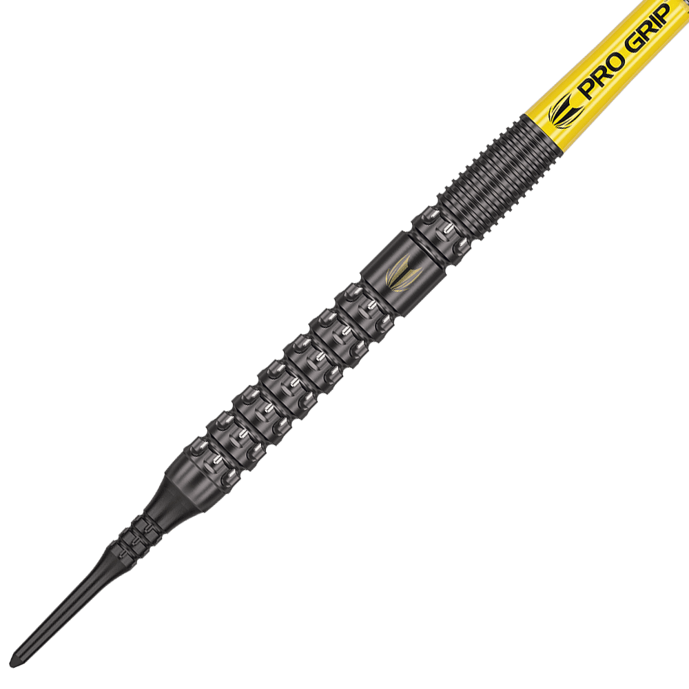 210324_Target_Luke_Littler_GEN1_Softdarts_2 Dies ist ein Target Luke Littler GEN1 Softdart mit 19 Gramm Gewicht. Der Dart hat ein markantes schwarzes Barrel-Design und einen gelben PRO GRIP Schaft.