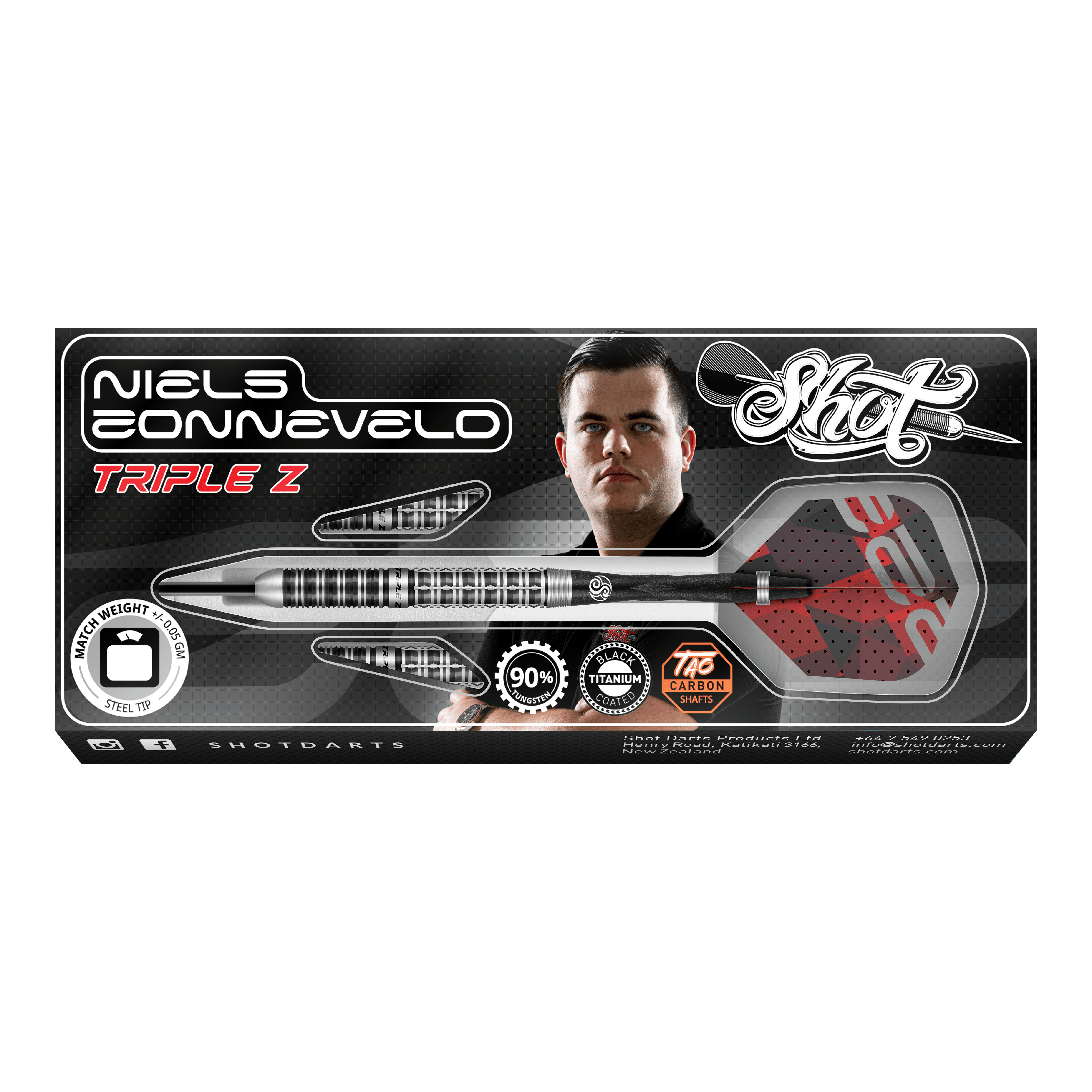Fléchettes en acier Shot Niels Zonneveld V2 Auf dem Bild ist die Verpackung der "Shot Niels Zonneveld V2 Steeldarts" zu sehen. Die Verpackung zeigt einen Dartpfeil, das Logo und ein Porträt von Niels Zonneveld.