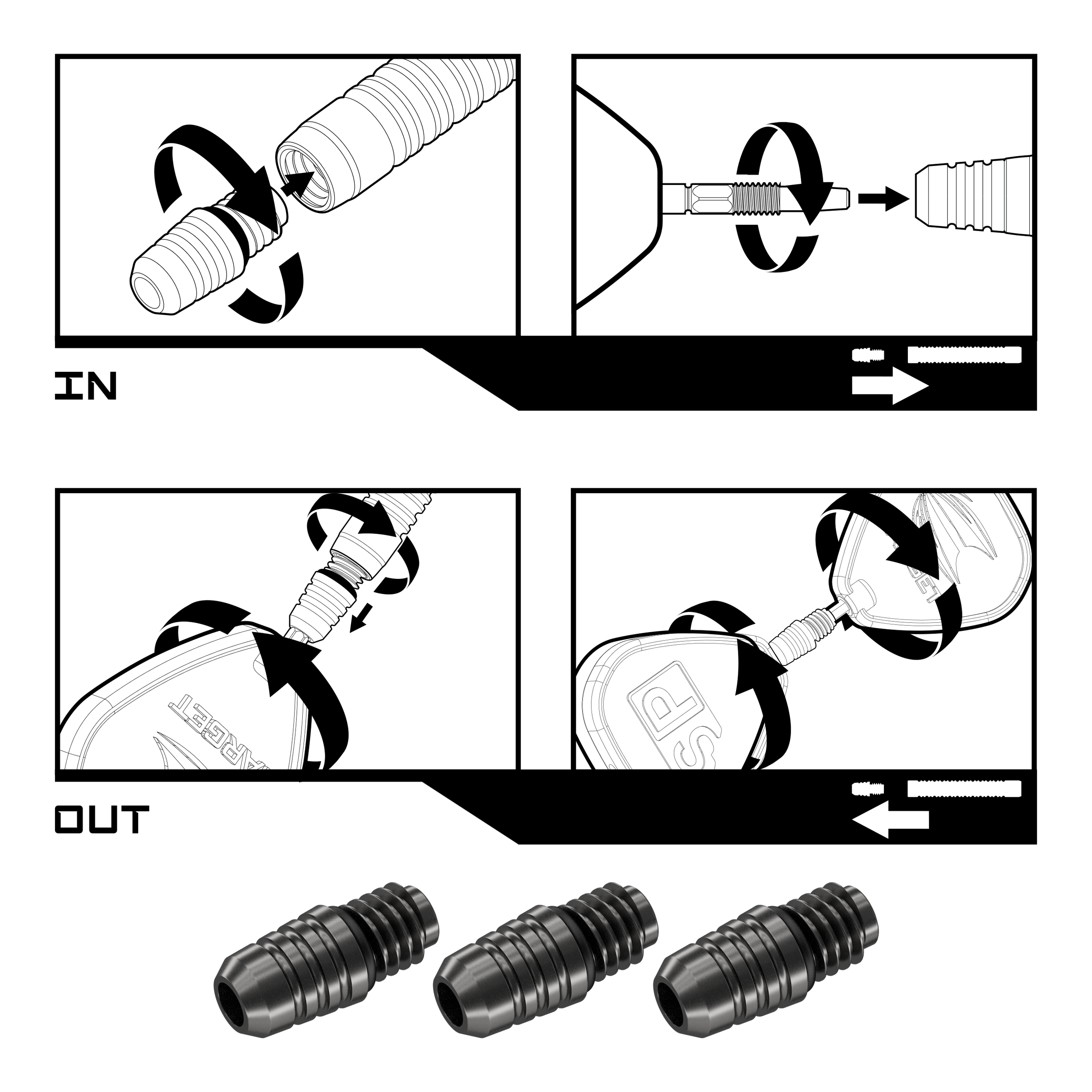 Convertisseur Target Swiss Point 2BA - Noir Das Bild zeigt die Montage- und Demontageanleitung für den Target Swiss Point 2BA Converter - Schwarz. Unten im Bild sind drei der schwarzen Converter abgebildet.