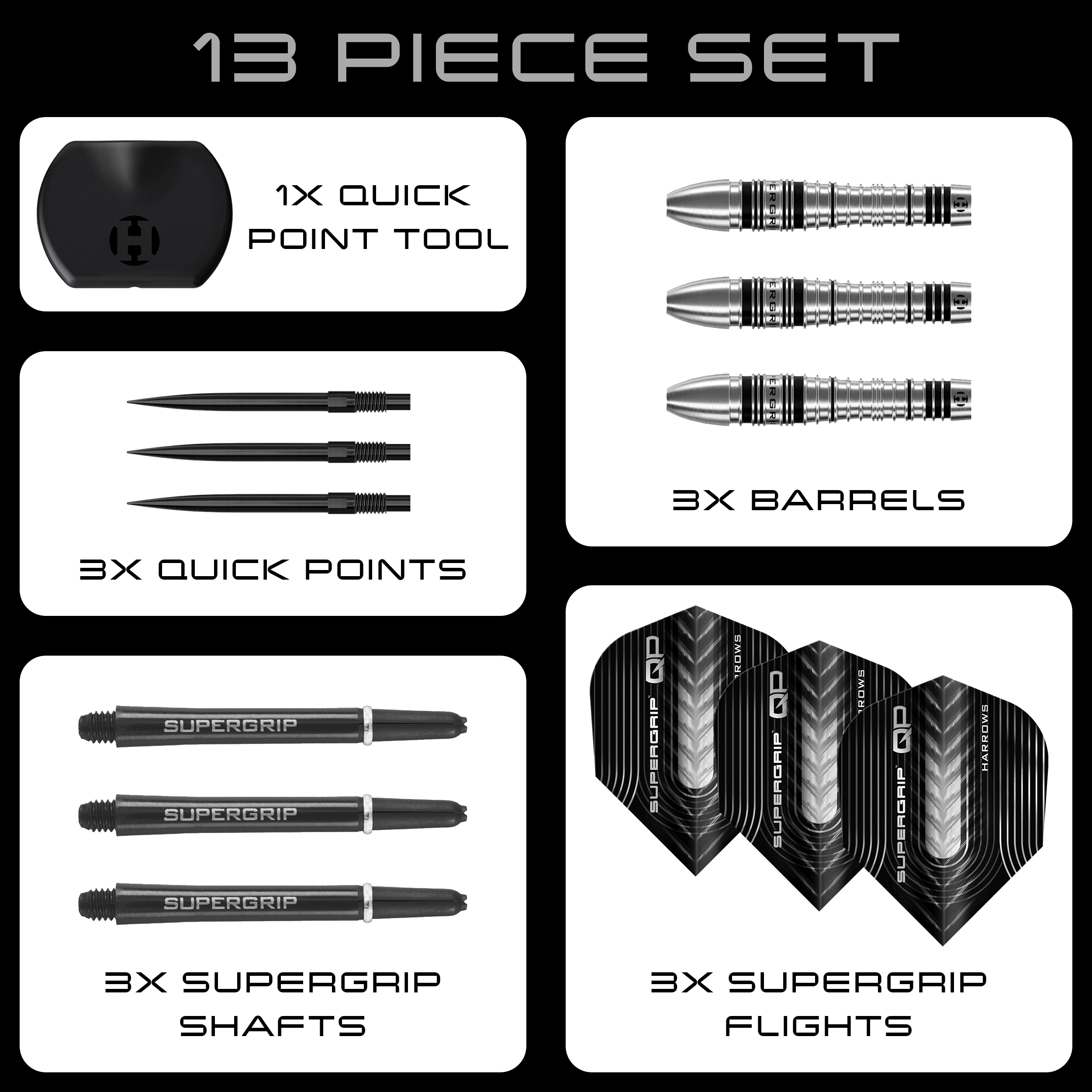 Fléchettes en acier Harrows Supergrip Bomb Quick Point Hier sind die Harrows Supergrip Bomb Quick Point Steeldarts zu sehen. Die Darts eignen sich hervorragend für präzises Spiel.