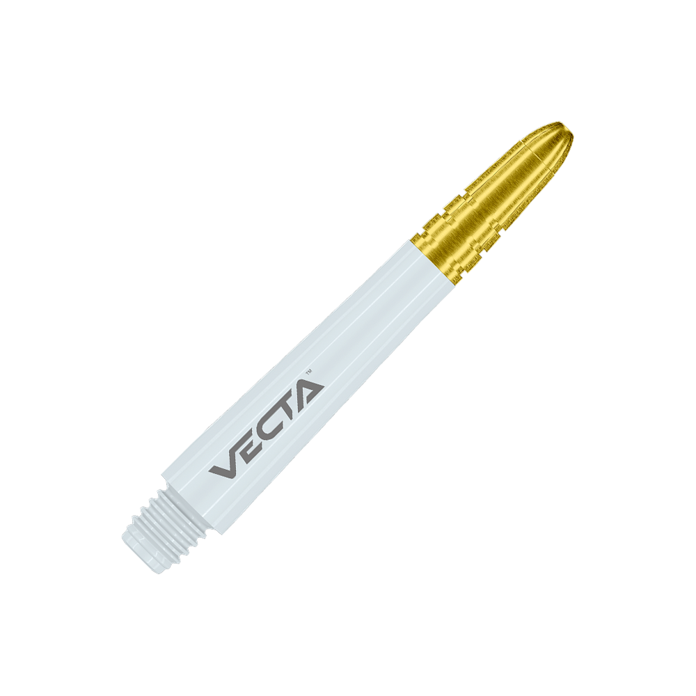 Winmau Vecta Shafts - Weiß Gold Dies ist ein weißer Dartshaft mit goldenem oberen Ende. Auf dem Schaft steht das Wort "VECTA".