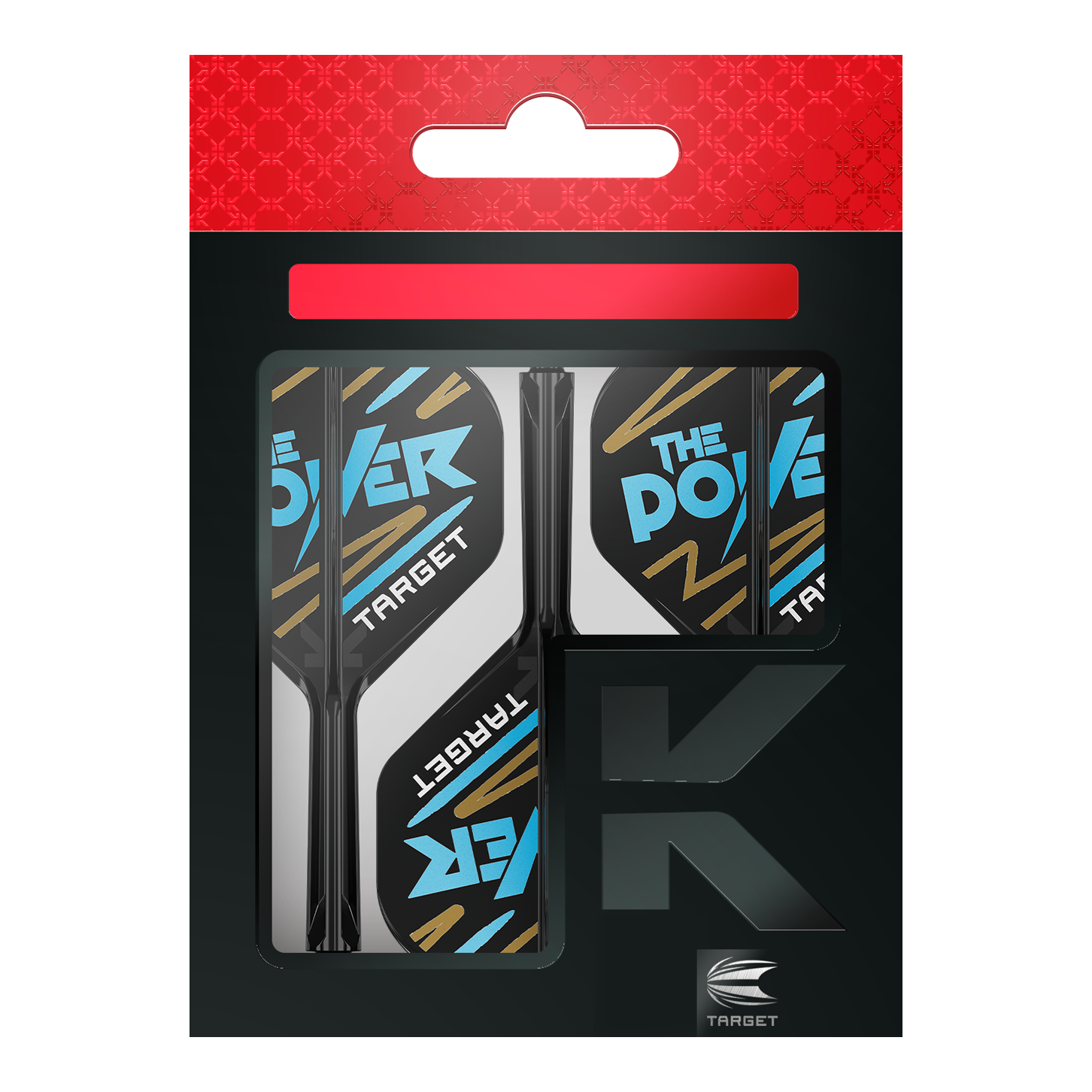 Système de flèche standard Target K-Flex Phil Taylor n° 2 Das Bild zeigt eine Packung „Target K-Flex Phil Taylor No2 Standard Flights“. Die Flights sind überwiegend schwarz und weiß mit blauen und goldenen Akzenten und der Aufschrift „The Power“.