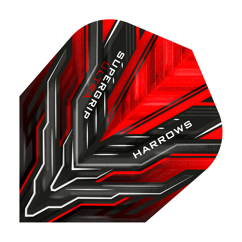 HR9_Harrows_Supergrip_Ultra_Red_Standard_Flights_1JPaPUWtAjl7WM Das Bild zeigt ein Harrows Supergrip Ultra Red Standard Flight für Dartpfeile. Das Design ist überwiegend rot mit schwarzen und silbernen Akzenten und weißen Schriftzügen.
