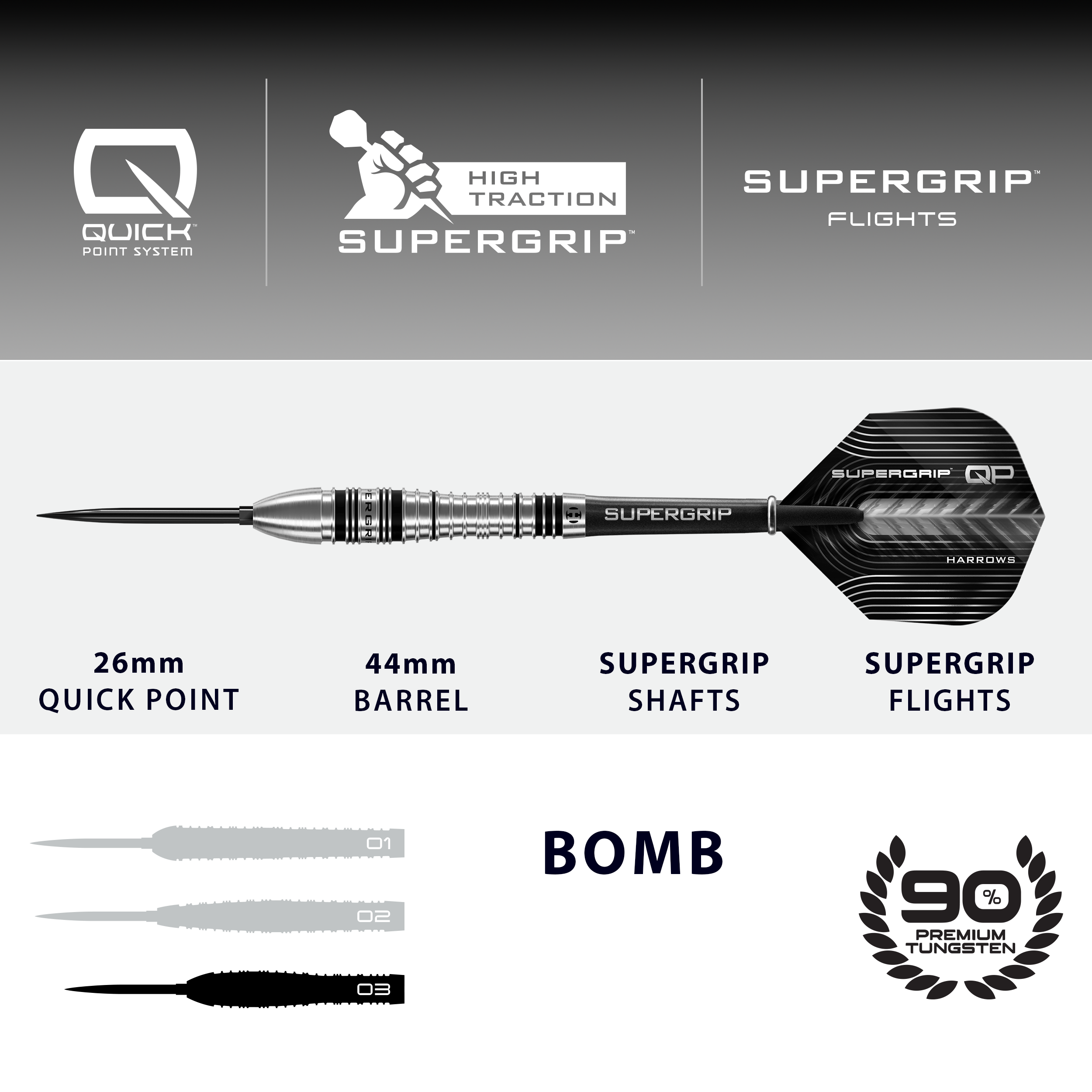 Fléchettes en acier Harrows Supergrip Bomb Quick Point Dies ist ein Bild der Harrows Supergrip Bomb Quick Point Steeldarts. Die Steeldarts zeichnen sich durch ihren besonders guten Grip aus.