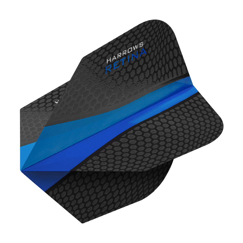 HR5510_Harrows_Retina_Blau_No2_Standard_Flights_2 Das Bild zeigt ein Harrows Retina Blau No6 Dart-Flights. Das Flight ist schwarz mit einem blauen Streifen und einer wabenartigen Struktur versehen.