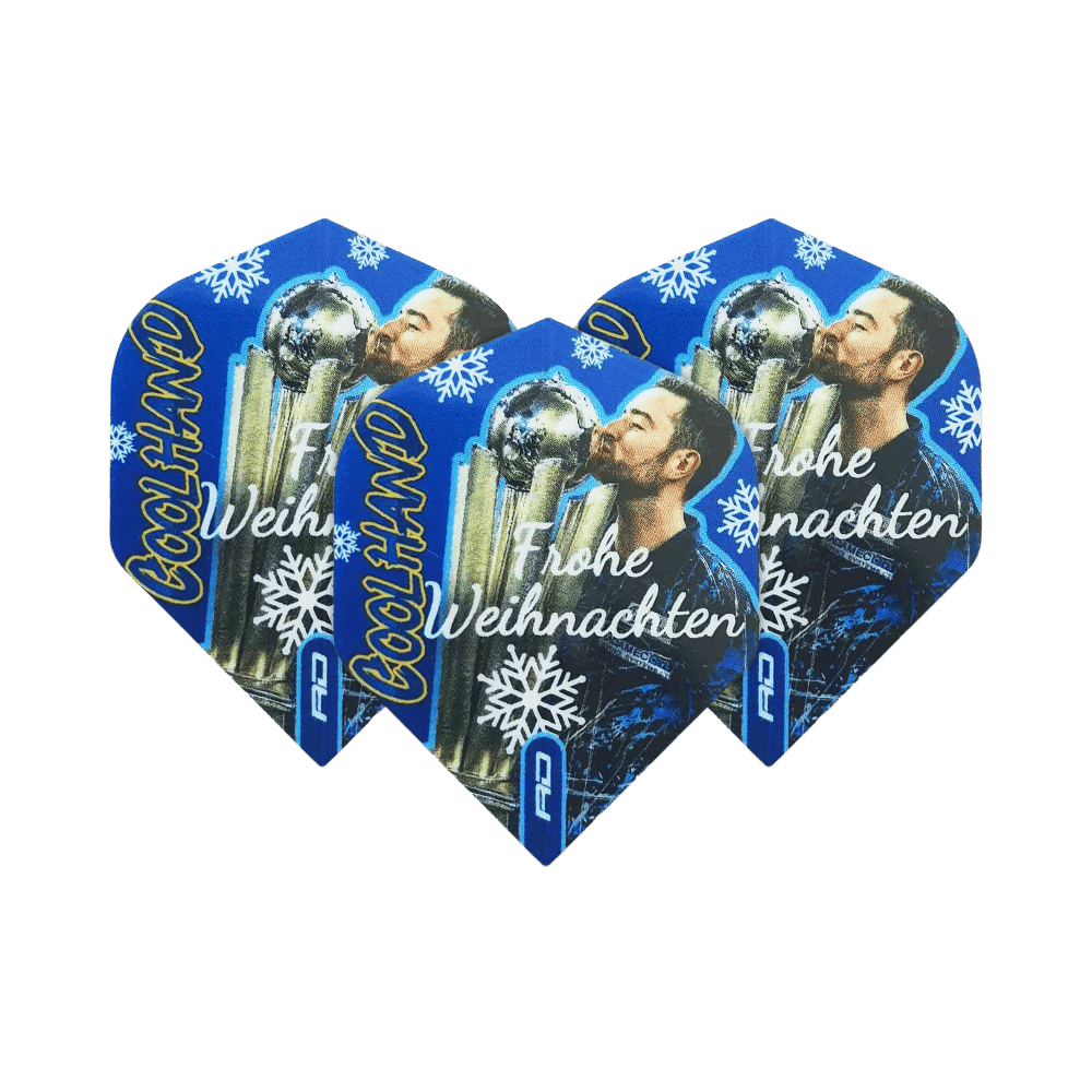Red Dragon Luke Humphries Joyeux Noël Vols Standard Bild zeigt das Produkt WF-16_Red_Dragon_Luke_Humphries_Frohe_Weihnachten_Standard_Flights_1Set. Es handelt sich um ein Set von Dart-Flights mit weihnachtlichem Motiv.