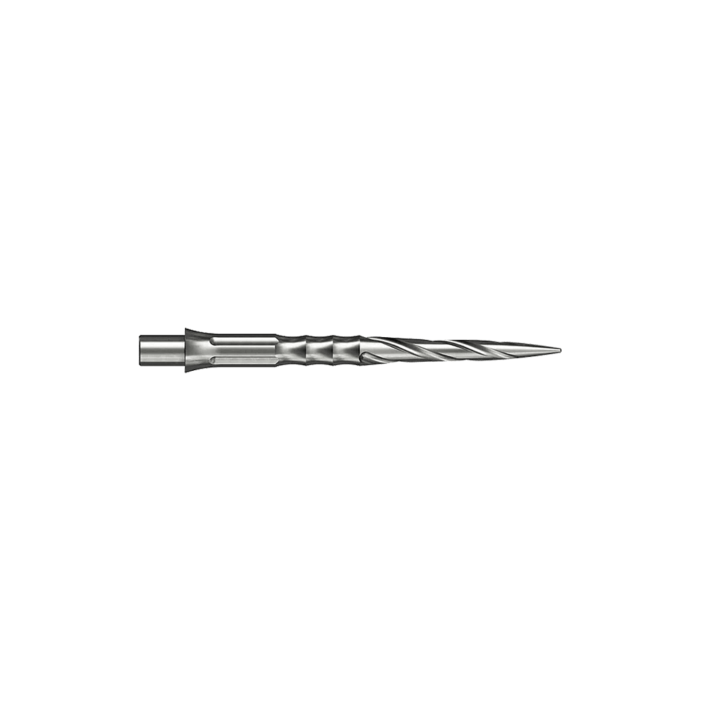 Pointes de fléchettes en acier Caliburn System - Spiro - NoLip - argent Hier sind silberne Steeldartspitzen des Caliburn Evo Systems mit Spiro-Design und 28 mm Länge abgebildet. Zwei dieser Spitzen liegen nebeneinander.