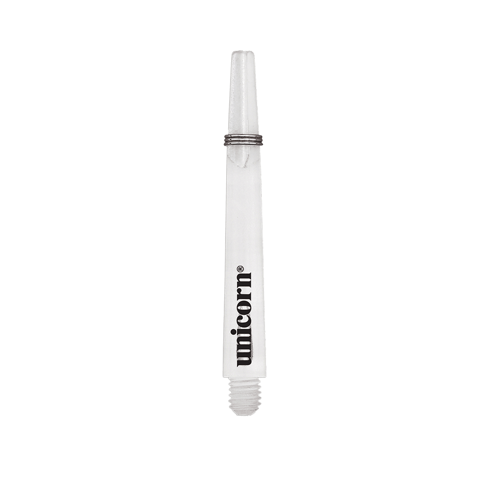 Das Bild zeigt einen klaren Unicorn Gripper 3 Mirage Shaft mit einer Länge von 44,2 mm. Auf dem Schaft ist das schwarze "unicorn" Logo zu sehen.