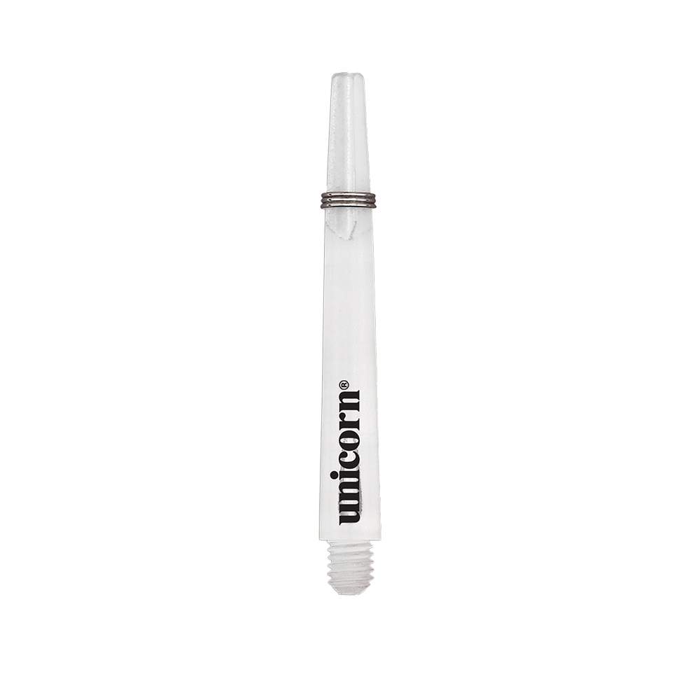 Tiges Unicorn Gripper 3 Mirage - Transparentes - 44,2 mm Das Bild zeigt einen klaren Unicorn Gripper 3 Mirage Shaft mit einer Länge von 44,2 mm. Auf dem Schaft ist das schwarze "unicorn" Logo zu sehen.