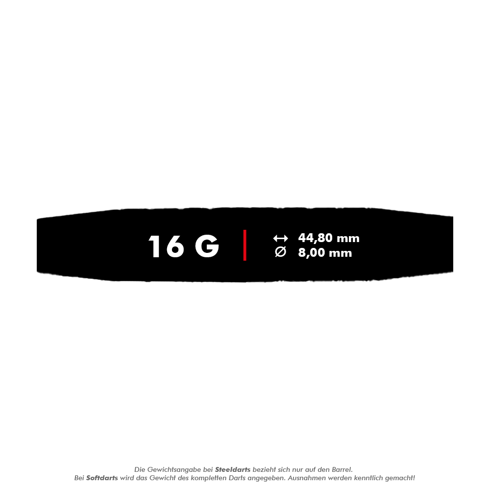 Fléchettes souples McDart 85 Tungstène V6 - 16 g Das Bild zeigt die Produktinformationen zu den McDart 85er Tungsten V6 Softdarts mit einem Gewicht von 16 Gramm. Die Darts sind 44,80 mm lang und haben einen Durchmesser von 8,00 mm.
