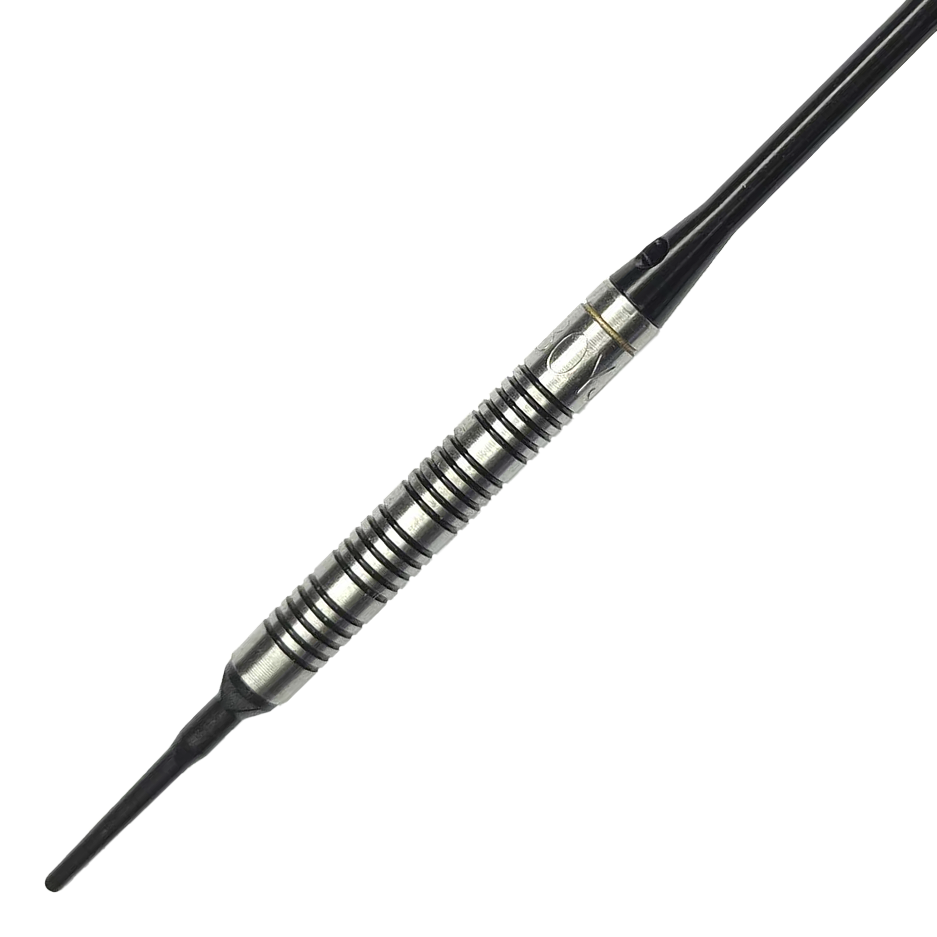 Fléchettes souples McDart 85 tungstène V17 - 16,5 g Das Bild zeigt einen McDart 85er Tungsten V17 Softdart mit einem Gewicht von 16,5g. Der Dart hat ein silber-schwarzes, griffiges Barrel und eine schwarze Spitze.