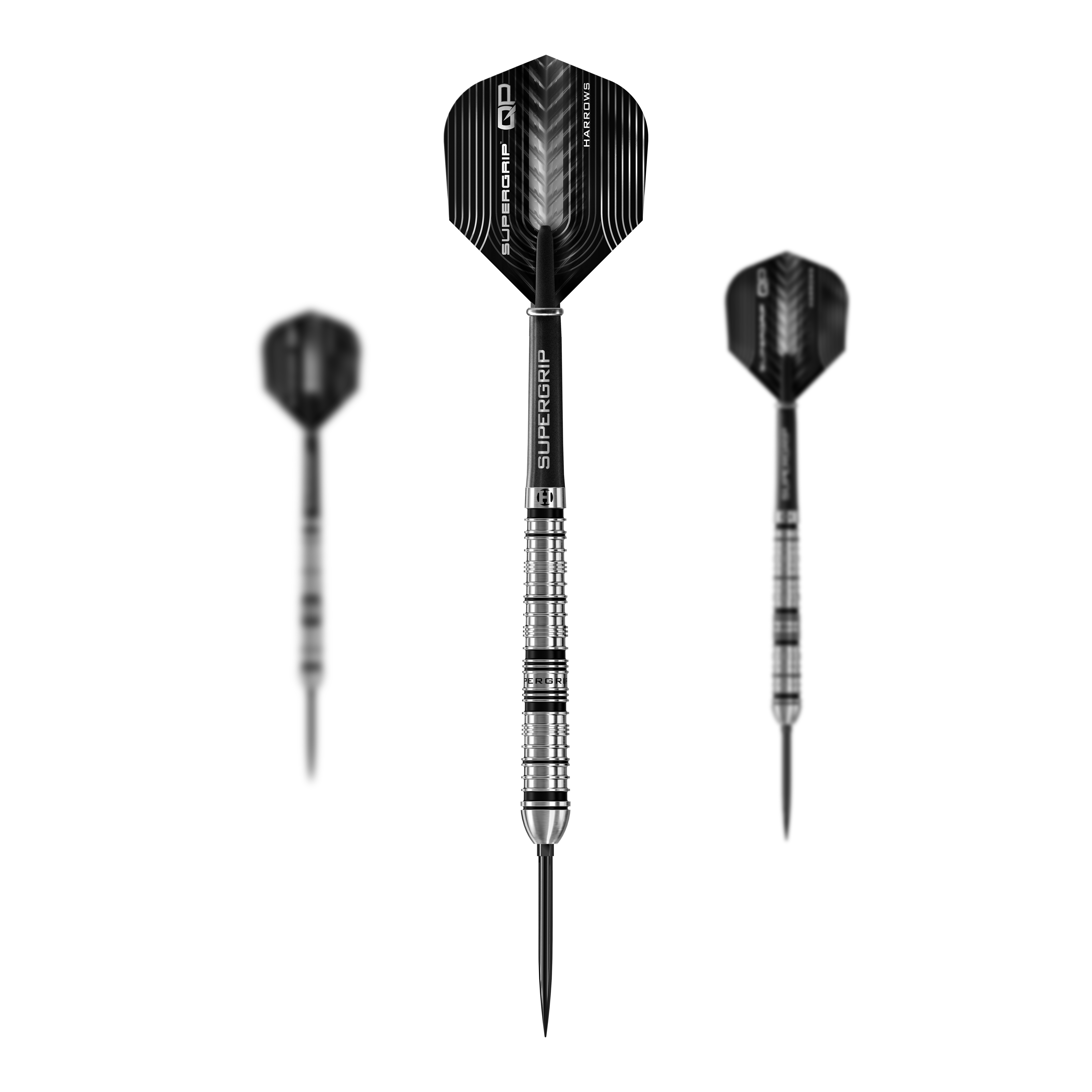 Fléchettes en acier Harrows Supergrip à pointe rapide conique Das Produktbild präsentiert die Harrows Supergrip QP Tapered Quick Point Steeldarts. Diese Darts zeichnen sich durch ihre spezielle Form und hochwertige Verarbeitung aus.
