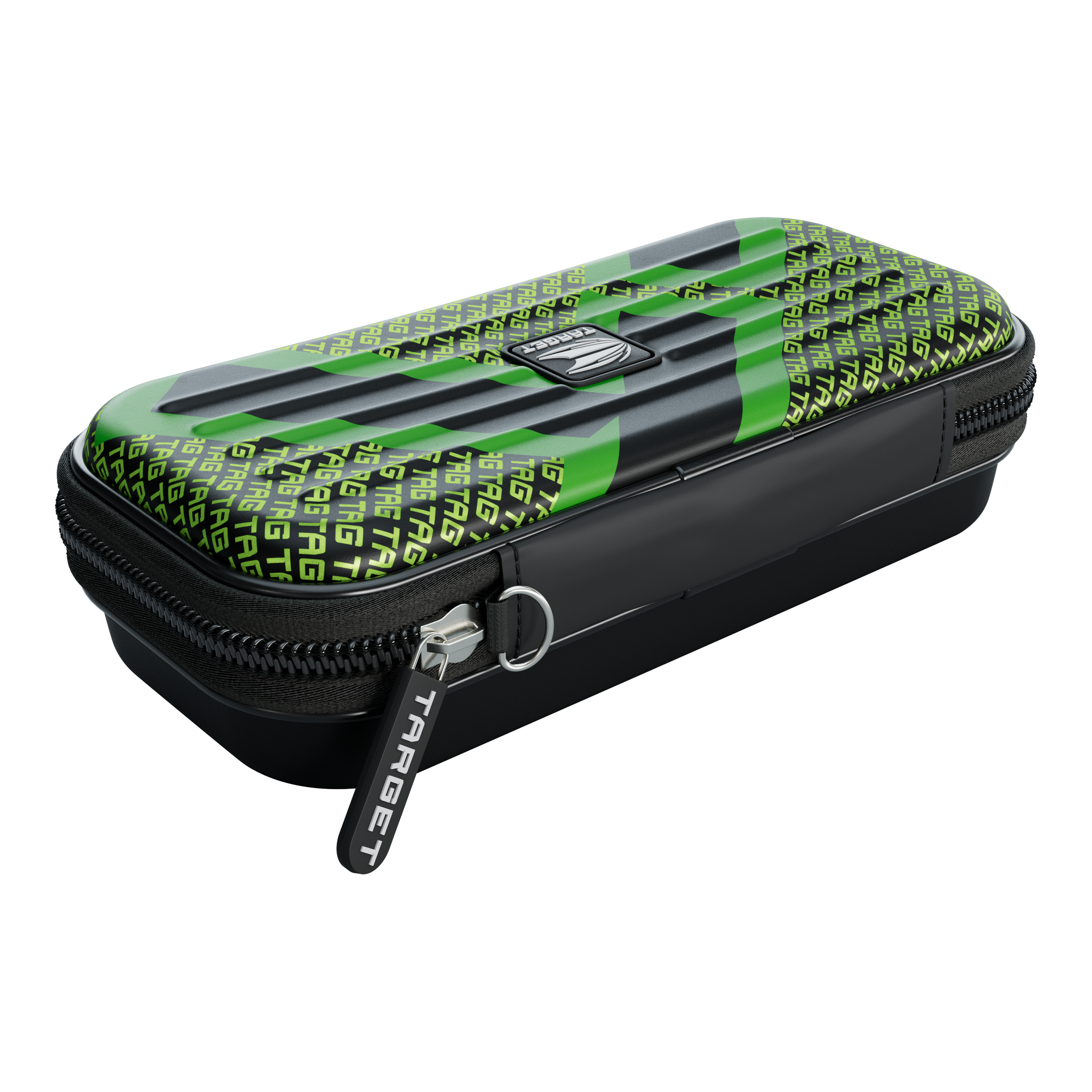 Das Bild zeigt ein schwarzes Etui mit einem grünen Muster und dem Wort "TARGET" mehrfach darauf gedruckt. Das Etui besitzt einen Reißverschluss mit einem Anhänger, auf dem ebenfalls "TARGET" steht.