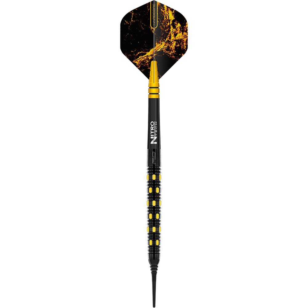 RD2386_Red_Dragon_Nirvana_Softdarts_1KCY0EU4m61xFl Das Bild zeigt einen Red Dragon Nirvana Softdart mit 20 Gramm Gewicht. Der Dart ist schwarz mit gelben Akzenten und hat eine auffällige gelb-schwarze Flugfeder.
